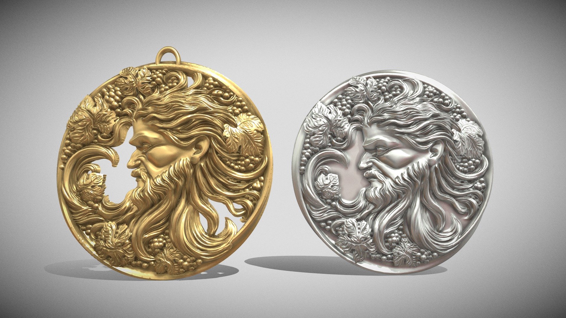 Model of Bacchus, god of winemaking. The pendant is made in two versions - closed (solid) and full of holes (you will see it in the pictures). Each model comes both on its own, for self-printing, and with an attached loop for casting a pendant.
Pendant diameter - 35mm. But you can scale it however you like.
the reverse side of the pendant is flat

Model geometry is mesh(polygonal),this is not a Nurbs geometry.
It is designed for printing and casting and technically cannot be converted to NURBS geometry 3d model