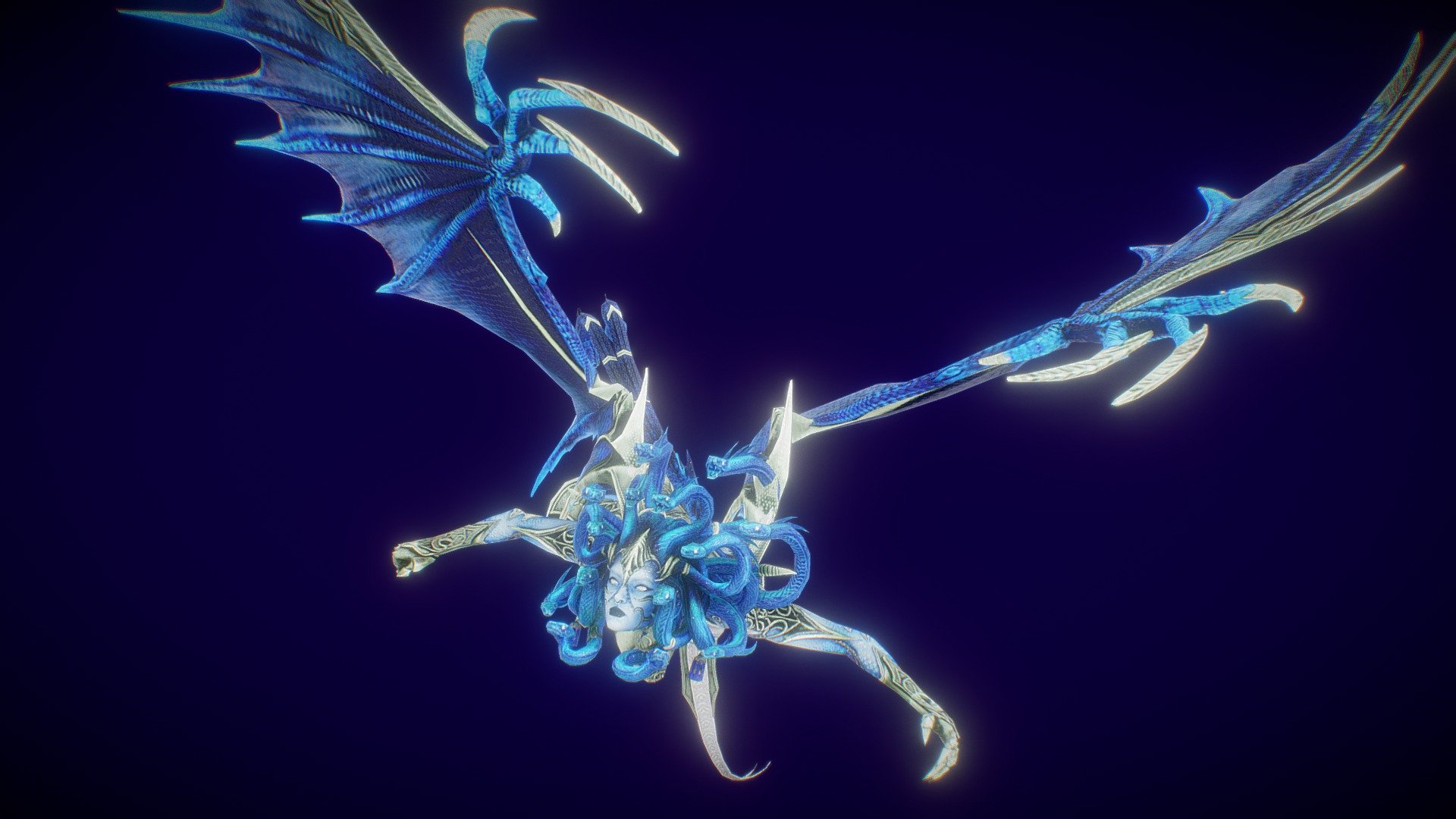 Dracomedusa is a fearsome creature blending the majestic power of a dragon with the petrifying gaze of a medusa. Its scales shimmer with an otherworldly sheen, and its eyes unleash a paralyzing terror upon any who meet its gaze, turning them to stone in an instant 3d model