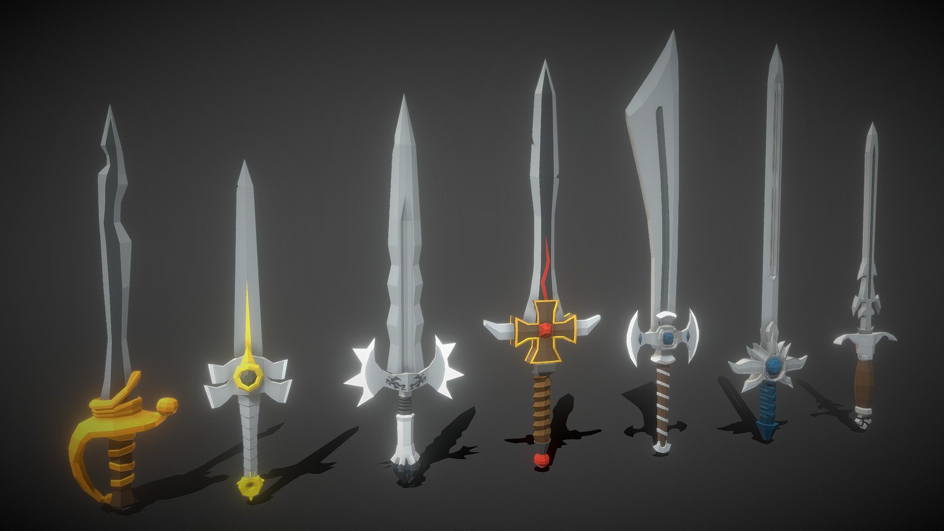 A collection of free low poly swords. This free pack consists of 7 unique swords.

Texture

All objects share the same 256x256 texture to increase performance. Game ready assets suitable for mobile games &amp; VR/AR experience. 

Package Content &amp; Polygon Count




7 unique swords: 906-3777 tris

The average triangle count is 1997 tris.

If you have any suggestions or ideas for future releases and updates, please let us know in the comments or via 

purepoly.info@gmail.com.

Also, if you like this package, check out the full Sword Packs on Sketchfab:




Modular Swords Mega Pack - Swords &amp;amp; Components

Swords Pack 01

Swords Pack 02

Swords Pack 03

Swords Pack 04
 - Free Stylized Low Poly Swords - Download Free 3D model by purepoly 3d model