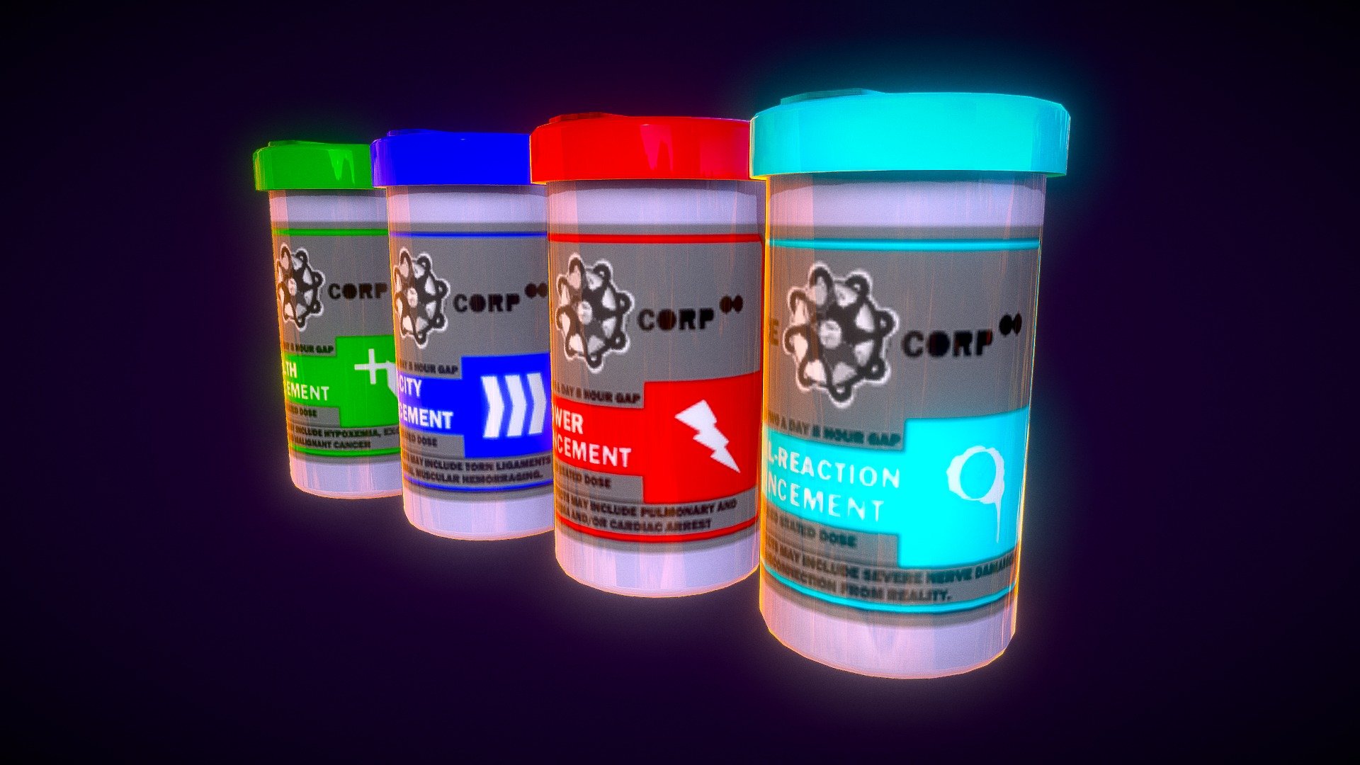 A videogame pickup or craftable, with drugs that enhance the users abilities or biological processes, textures along with the logo was made by me in paint.net 3d model