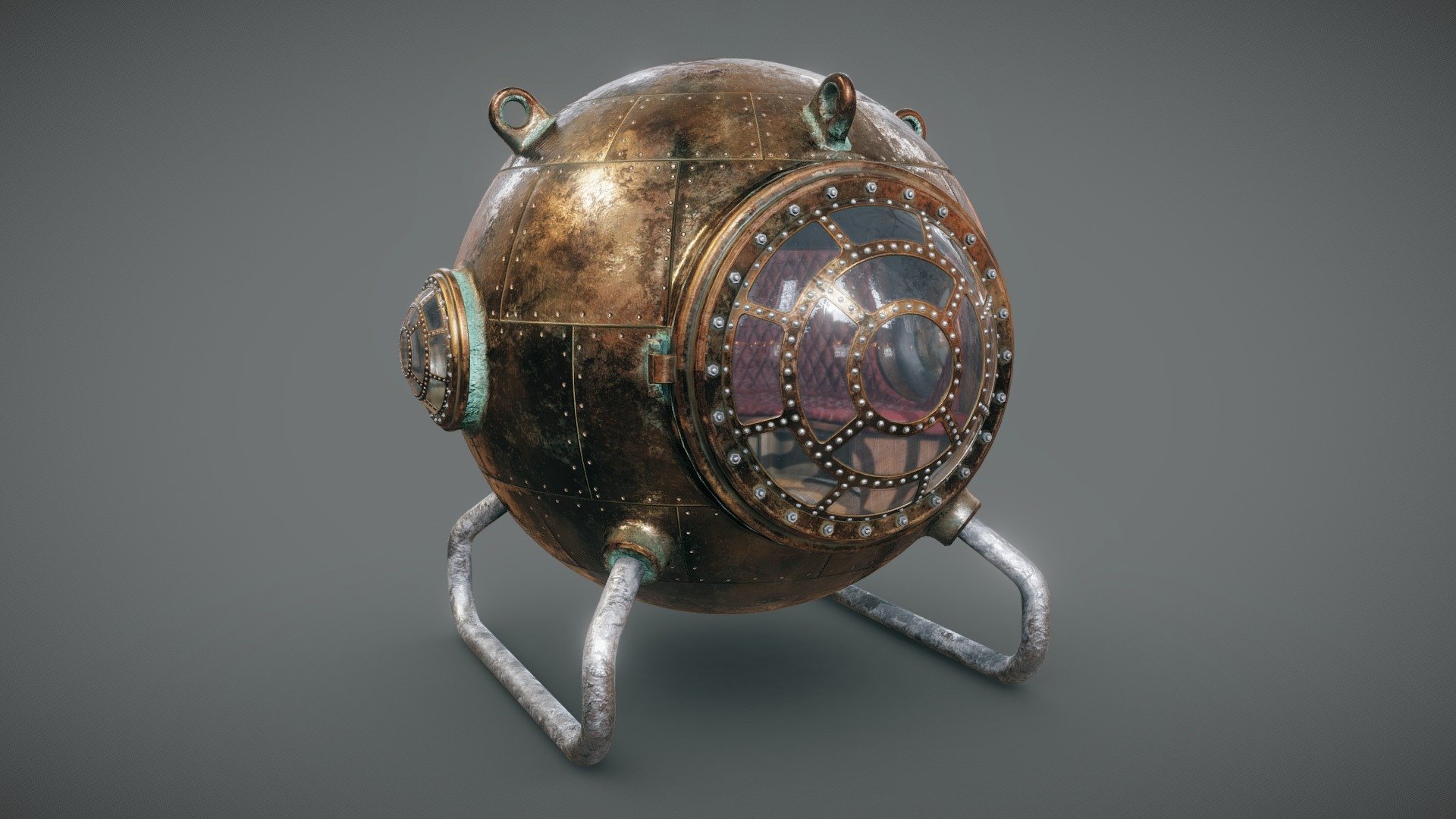 A diving ball to explore the deepest depths of the ocean.

Has a padded interior for the most comfortable experience during the dive.
It is part of my indie game project I am working on, but there it is only a placeholder for a more advanced version later, so I upload this version here and you can use it 3d model