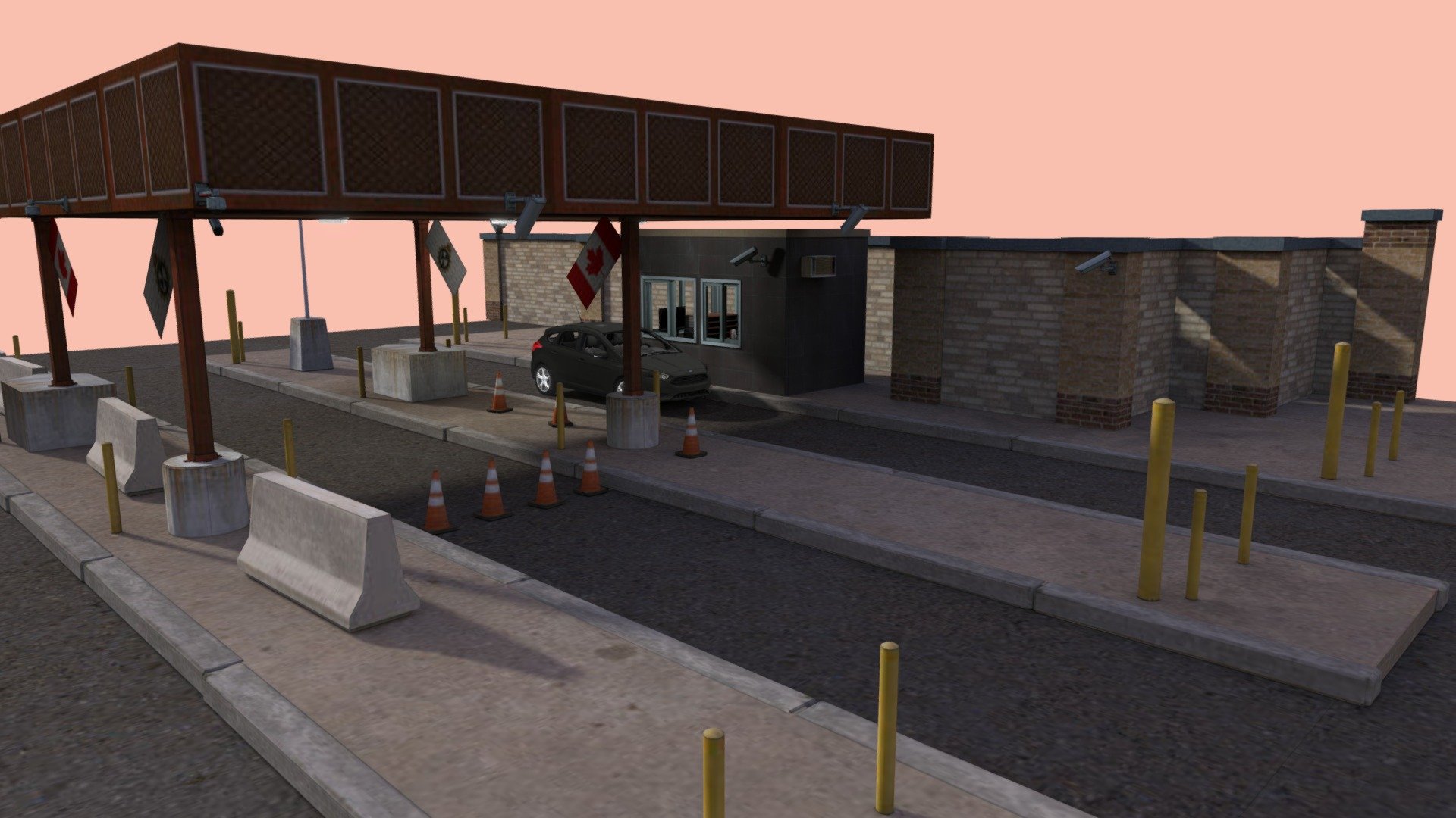 Virtual Custom Border for VR hangout space! VR Optimized, all lighting is baked in the diffuse and materials are set to self -illumination. The car is part of the environement but one of my team mate is responsible for the modeling 3d model