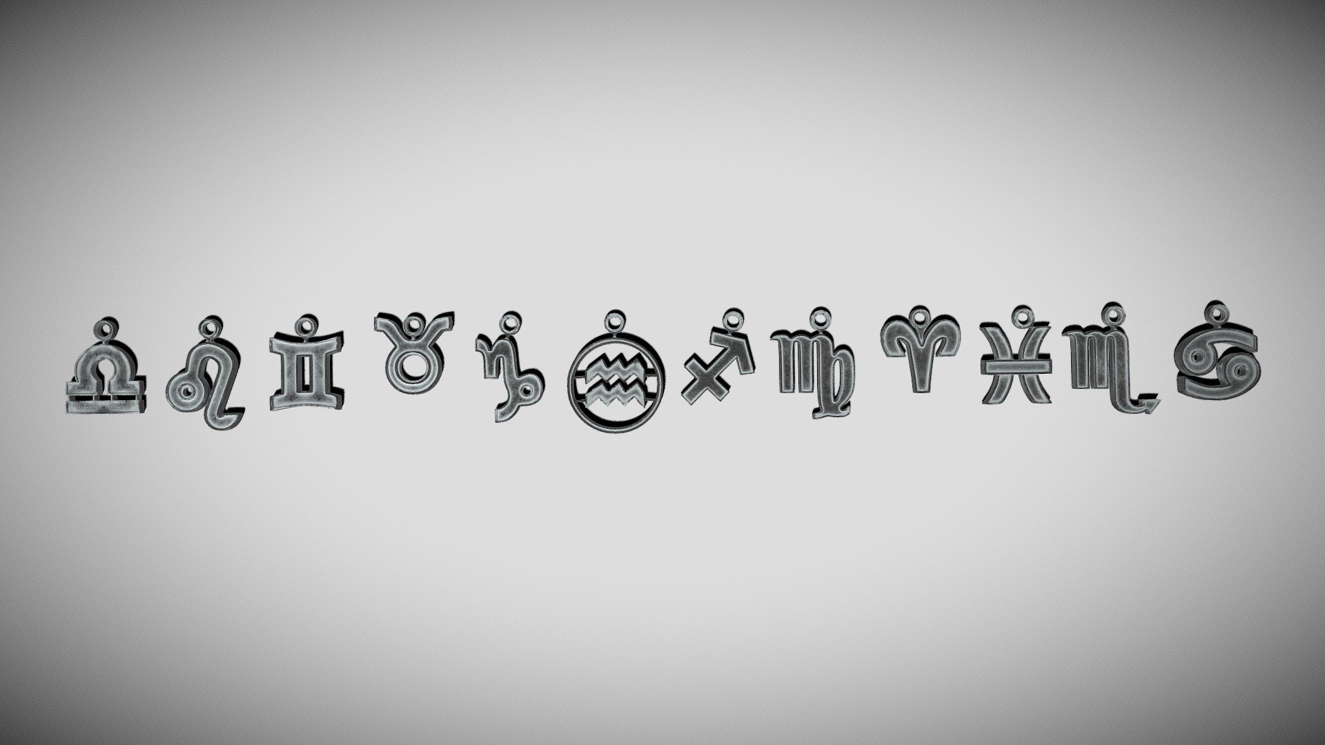 Zodiac Signs - SYMBOLS - Printable Pendants.
Smooth printable models.
UV Unwrapped and textured. 
Comes with textures at 4096x4096 resolution. 

The model file contains 12 objects, 1 set of materials, and 1 set of textures. 
Modeled in Blender, painted in Substance Painter.

Blend file before modifiers has 20.349 Faces, and 20.505 Vertices.
.
My Gallery: https://edjan3d.wixsite.com/my-site - Zodiac Signs - SYMBOLS - Printable Pendants - Buy Royalty Free 3D model by Ed.Jan 3d model