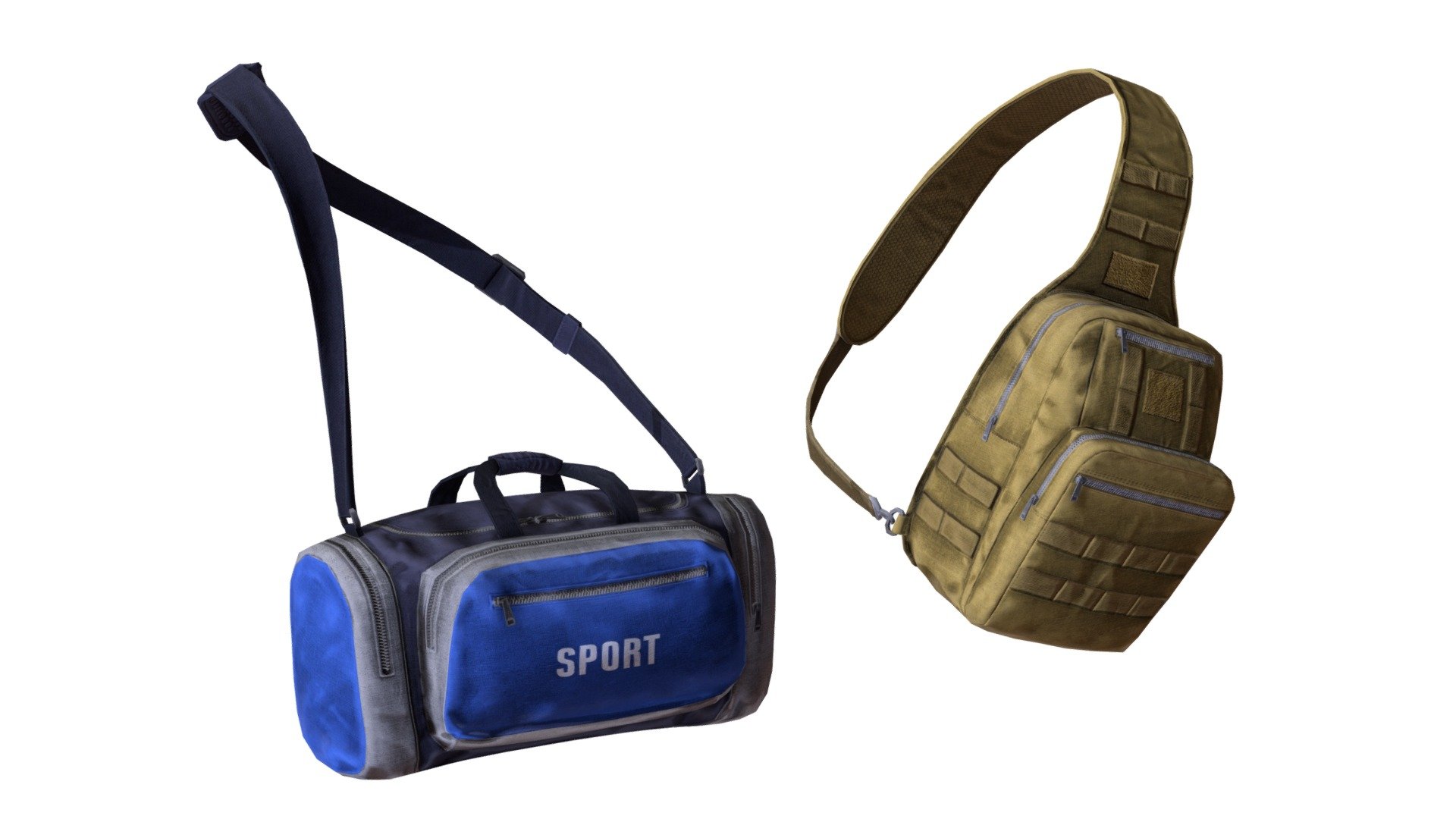 Lowpoly, 3d model with PBR textures. 
Verts/Tris count:
First Bag - 1063/2042
Second Bag - 1061/2039

Textures resolution: 2048 x 2048, PNG-Format (Color, Normal, Metallic, Roughness, AO). 6 skins available.

3d model, file format: mb, blend, c4d, fbx, max, obj 3d model