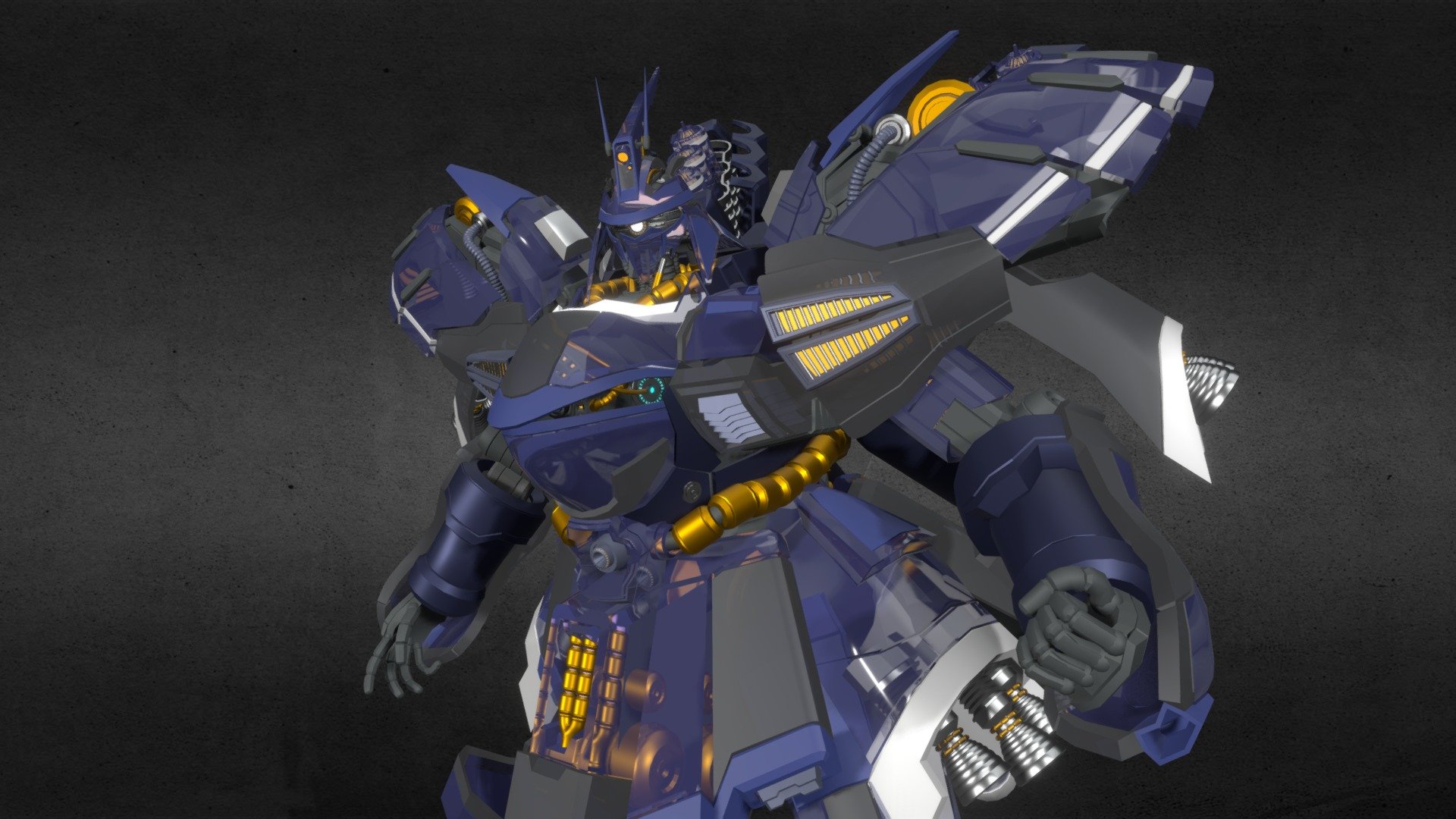 I played with the colors. the opacity type / amount of some parts to give a translucid appearance. Lights and shadows casted on the floor increase the volumetric presence of the model. 


SAZABIChallenge
Based on &ldquo;[SAZABI MSN-04 Gundam](https://sketchfab.com/3d-models/sazabi-msn-04-gundam-eef0fd28e05a4e3 - Gundamious Sazabion - Download Free 3D model by Ignazio Pillitteri (@gnaz) 3d model