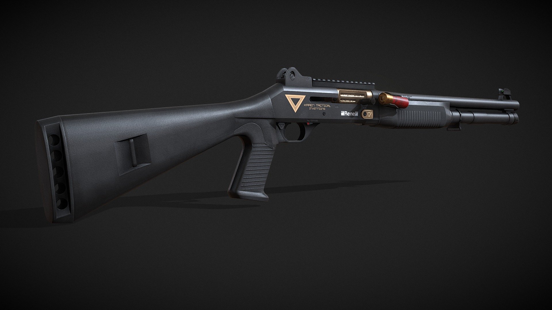 Completely rebranded the shotgun to remove all IRL trademark markings because some Austrian pistol brand that rhymes with block decided to take down the original version for some reason. Sorry, but we can't have nice things unfortunately&hellip;

M4 Super 90 Italian shotgun as featured in JW2 movie. Completely modified in various custom parts made by Karen Tactical Inventions.

Original version has been re-uploaded onto CGTrader for free, link in my Artstation post:
https://www.artstation.com/artwork/DAzz59

You're free to use this model in your personal projects or commercial products. The least I'm asking is to credit me for modelling this asset. Do not re-upload any of my 3D models to other websites as paid products and make money off it, I reserve the right to DMCA takedown 3d model