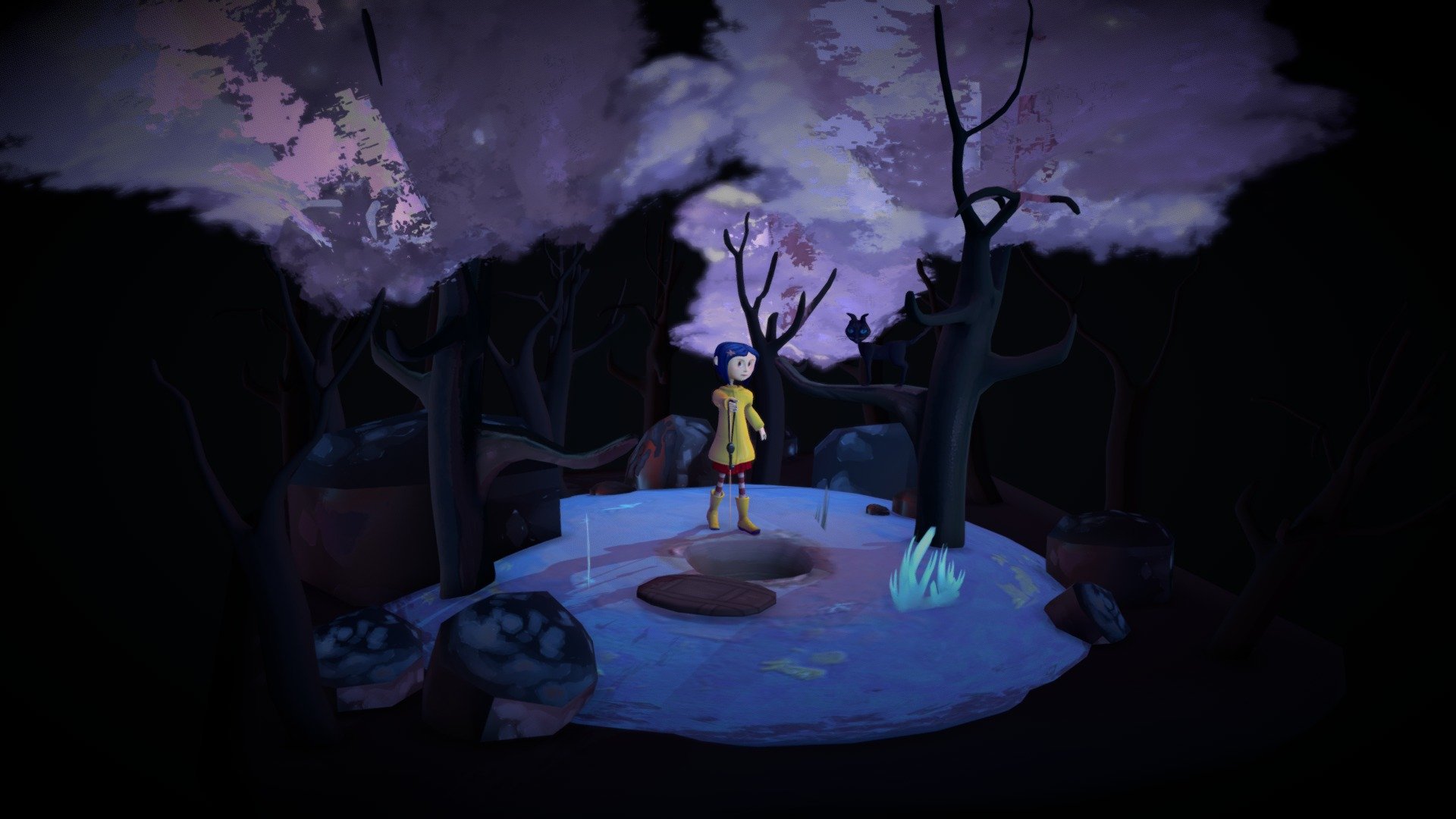 Coraline is one of my favorite movies. This was my first character rig. For some reason fbx did not export the ik constraints I made in Maya so some of the animation is gone. Nevertheless I was able to reanimate the head movement. This was my first time trying weight painting and making a full scene. I am happy with how it turned out and can't wait to produce more! - Holding the key - Download Free 3D model by MildriAB 3d model