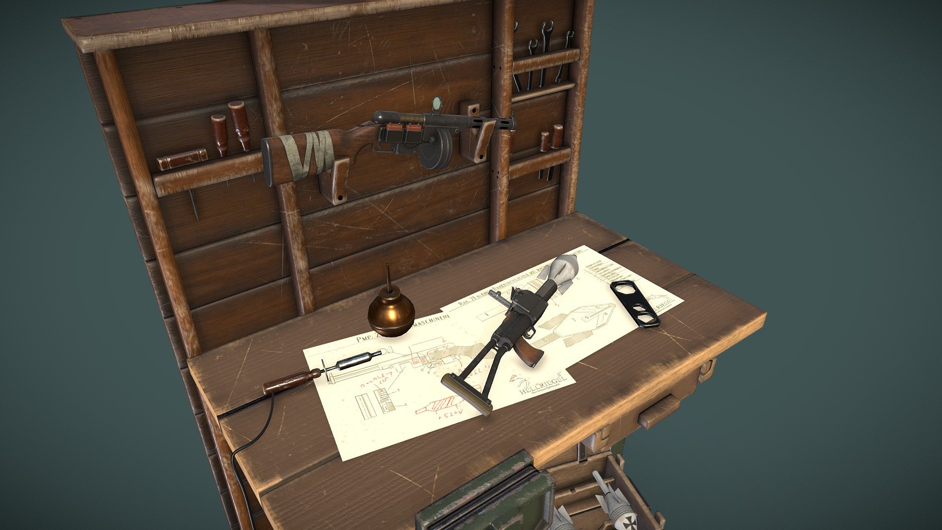 Project Midair is dynamic third person shooter in dieselpunk alternate history setting, currently under developement. In this scene I'd like to show you weapons I made for this game as part of the ABDM indie developers team - electric SMG and light Rocket Launcher, placed on rogue gunsmith worshop.

Artstation link: https://www.artstation.com/artwork/r9GJ3O - Weapons Showcase [Project Midair] - 3D model by Mosin (@DrDrill) 3d model