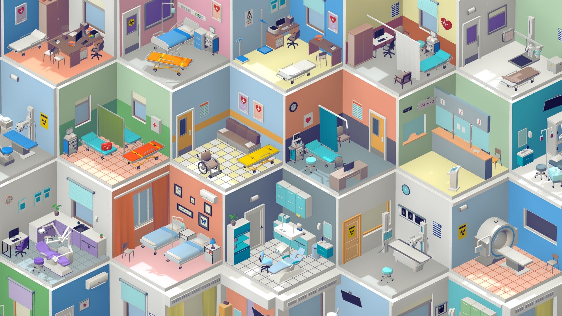 Hospital 1

Package:




Demo scene (28 rooms).

Where to use:





Games. Models optimized for game engines;




Multiplication;




Advertising and marketing;




NFT, metaverses;




VR / AR;




3d printing.



Features:





You can easily change the color of assets - using the UV map;




Pivot in the logical place of the object;




Model has a logical name.



Geometry:




96.4k triangles all pack.

Items (x450):




Medical beds

Medical equipment

Walls

Sofa

Chairs

Bed

Closet

Table

Door

Props

Flooring

Flowers

Kitchen

Props kitchen

Lamp

Window

Pictures

Scale:

Real-world-size.

Room sizes (meters):

4x4x4.

Material:

All models use 1 materials (color) 

Textures:

All models use one texture (as a color palette).

Resolution: 1024 px

If you liked this package, please leave a review! Creativity to you! - Hospital 1 - Buy Royalty Free 3D model by ithappy 3d model