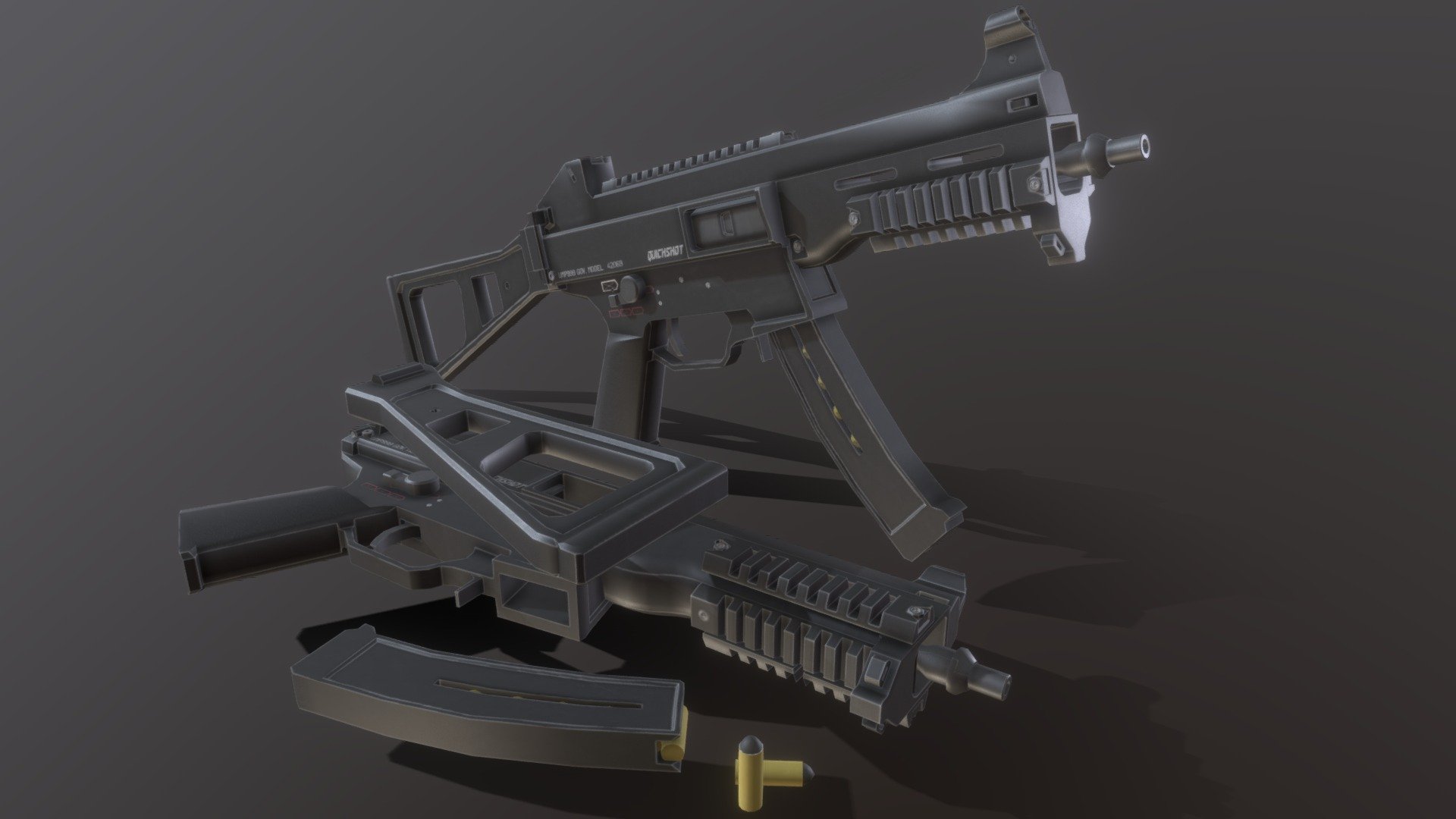A replica of the famous HQ UMP999, Used around the world and by the French Gendarmerie.
- Some elements of the model may vary from the real-life weapon
- Dimensions are not totally respected
- Model optimised for game-engine
- Main elements such as cross, trigger&hellip; and some important elements are independant from the main model (good for animations and variants)
- 
////////// Model Informations //////////

–   Points : 11736
–   Polygons : 11546
–   Objects 38 (bullets included)

One material made of 4 Textures (20482048 px) for all the model  (Albedo (base), Normal, Metal, Rough*) - HQ UMP999 : Submachine Gun - 3D model by Gwenaël Hervé (@Gwenael_Herve) 3d model