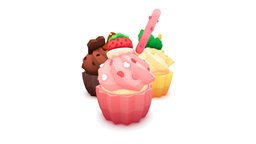 Cupcake Trio food, cute, cream, cupcake, snack, sweet, dessert, lemon, strawberry, pretzel, pocky, handpainted, lowpoly, stylized
