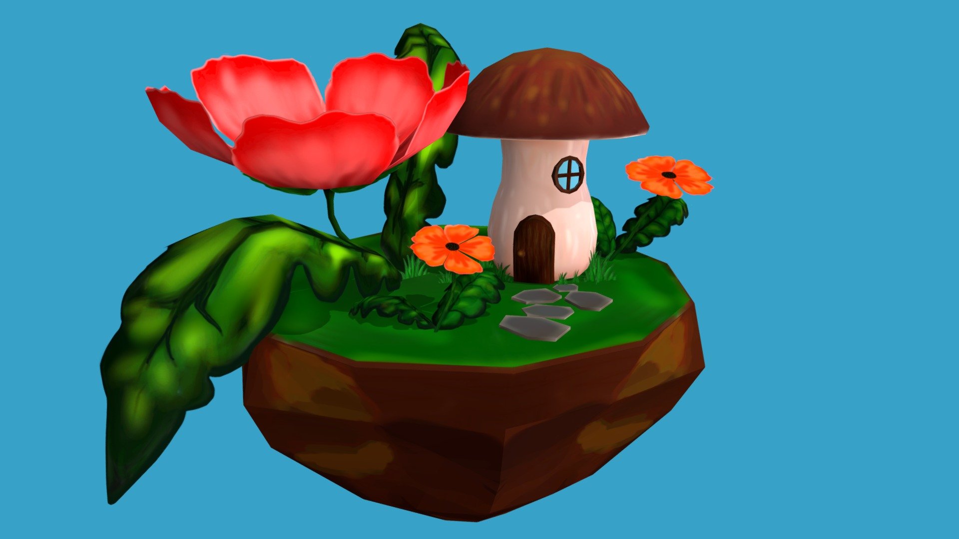 Hand painted blossoming cartoon island with a fabulous mushroom house.
Fantasy world environment element.
Textures 4096x4096 of color and alpha transparency 3d model