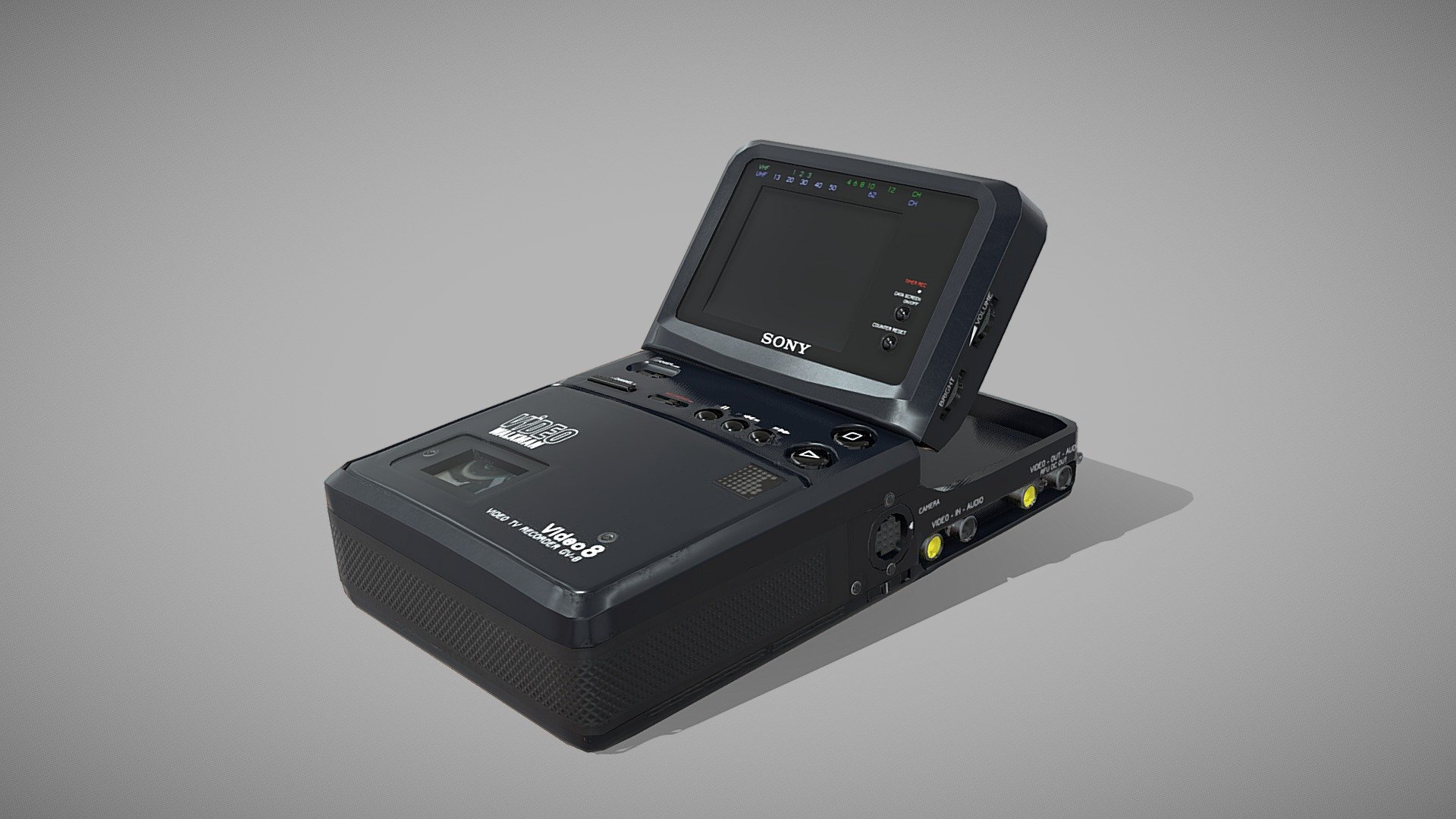 Sony GV-8 Video walkman is a portable video deck manufactured and sold by Sony. It is equipped with a TV tuner and LCD monitor, and TV recording is also possible.

In 1988, the first-generation Video Walkman “GV-8,” which used 8mm video as a recording and playback medium, was released as a product that could record and play back tapes from a home camcorder without using the camera itself.

Modeled in Maya and textured with Substance Painter 3d model