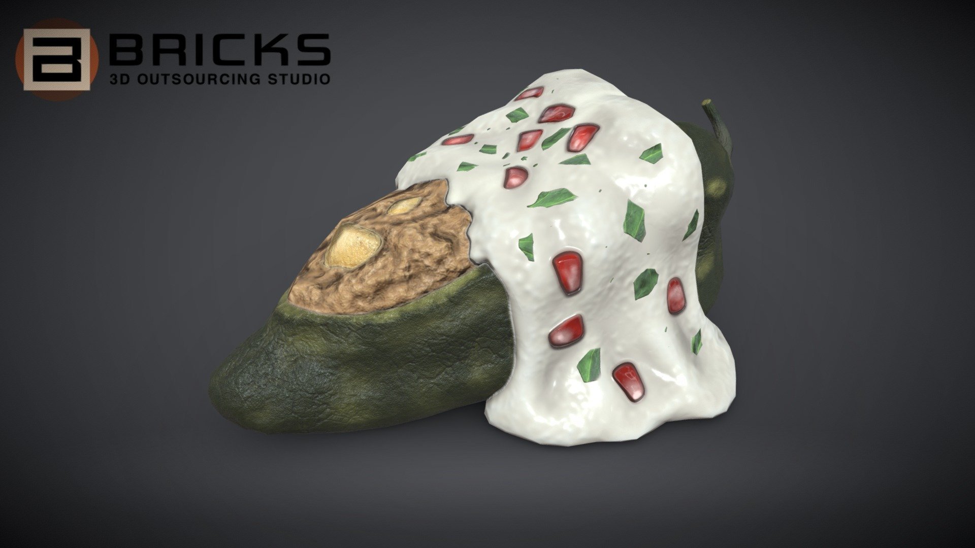 PBR Food Asset:
ChilesEnNogada
Polycount: 1064
Vertex count: 600
Texture Size: 2048px x 2048px
Normal: OpenGL

If you need any adjust in file please contact us: team@bricks3dstudio.com

Hire us: tringuyen@bricks3dstudio.com
Here is us: https://www.bricks3dstudio.com/
        https://www.artstation.com/bricksstudio
        https://www.facebook.com/Bricks3dstudio/
        https://www.linkedin.com/in/bricks-studio-b10462252/ - ChilesEnNogada - Buy Royalty Free 3D model by Bricks Studio (@bricks3dstudio) 3d model