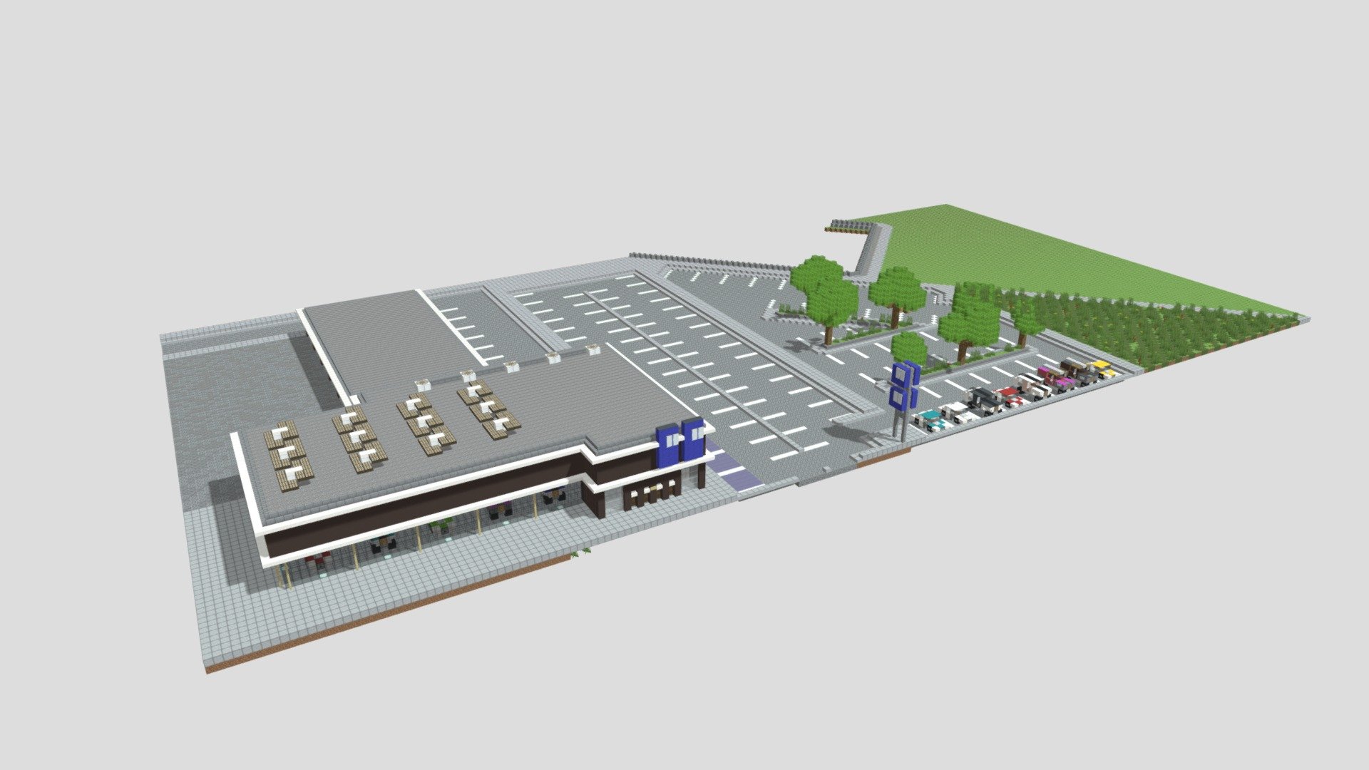 As part of my Minecraft City Project, this is Acacia Motors Car Dealership. It contains a showroom, offices and a garage. There are show cars in the showroom as well as outside in a car park 3d model