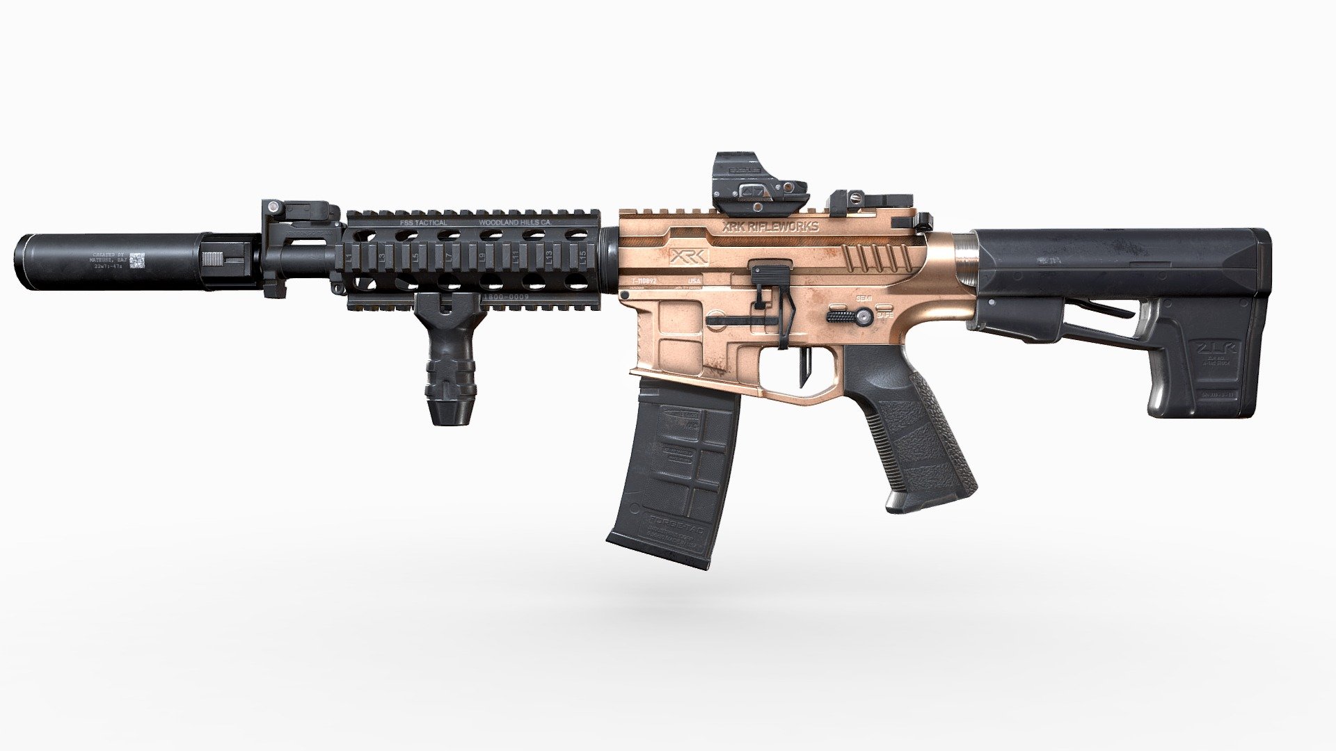 XRK M4 Assault Rifle Weapon
I created it to improve my hard surface modeling and texturing skills. The model is divided into 6 parts: 




M4A1 Assault Rifle,

Reflex sight,

Suppressor,

Vertical grip,

Iron sight,

Magazine.

Each part has separate texture set so every attachment can be used in other weapons (future assets).
The low and high poly meshes were modeled and unwrapped in Blender and then baked and textured in Substance Painter.

Check out my YouTube channel if you are interested in watching the Timelapse of designing this model: https://www.youtube.com/channel/UCD5mQg20Eo6hxaec5fPr8HQ/
Renders &amp; more on my Artstation: https://www.artstation.com/artwork/2qxdgB




[✓] UV Unwrapped

[✓] 1K, 2K, 4K Textures Based on texel density (Base color, Roughness, Metallic, Normal, Opacity, AO),

[✓] Low Poly,

[✓] Game-ready asset.

Based on Call of Duty: Modern Warfare M4 XRK Skin 3d model