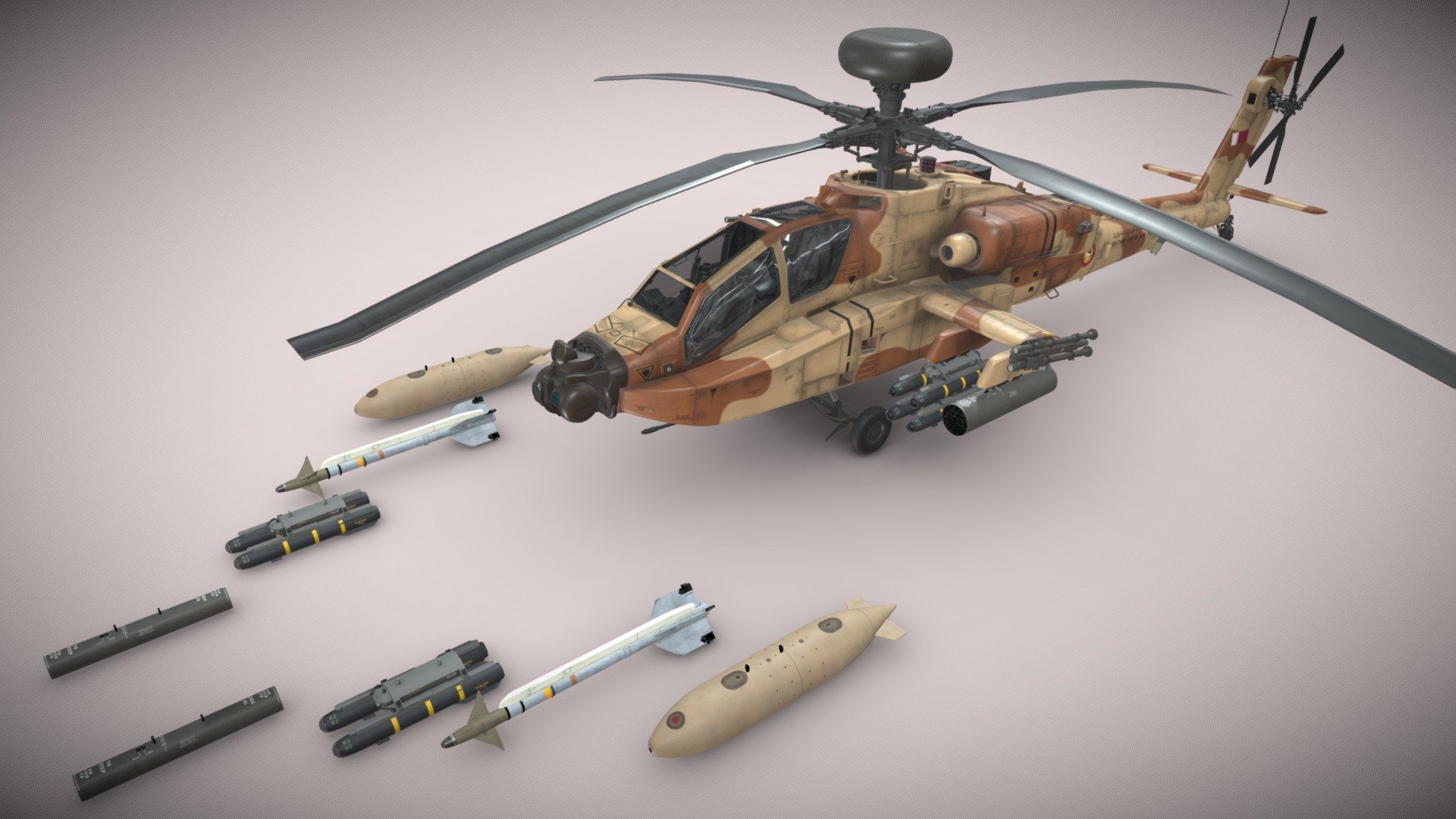 Helicopter Apache AH-64E Qatar Emiri Air Froce Static


Basic and Complex Animation versions are available as seperate models (see my profile models)


File formats: 3ds Max 2021, FBX, Unity 2021.3.5f1


Weapon:


* - External Fuel Tank 

* - Launcher M-260 with Hydra 70 missiles 

* - Launcher M-261 with Hydra 70 missiles 

* - Hellfire launcher and missiles 

* - M230 chain gun 


This model contains PNG textures(4096x4096):


-Base Color

-Metallness

-Roughness


-Diffuse

-Glossiness

-Specular


-Emission

-Normal

-Ambient Occlusion
 - Apache AH-64E Qatar Emiri Air Force Static - Buy Royalty Free 3D model by pukamakara 3d model