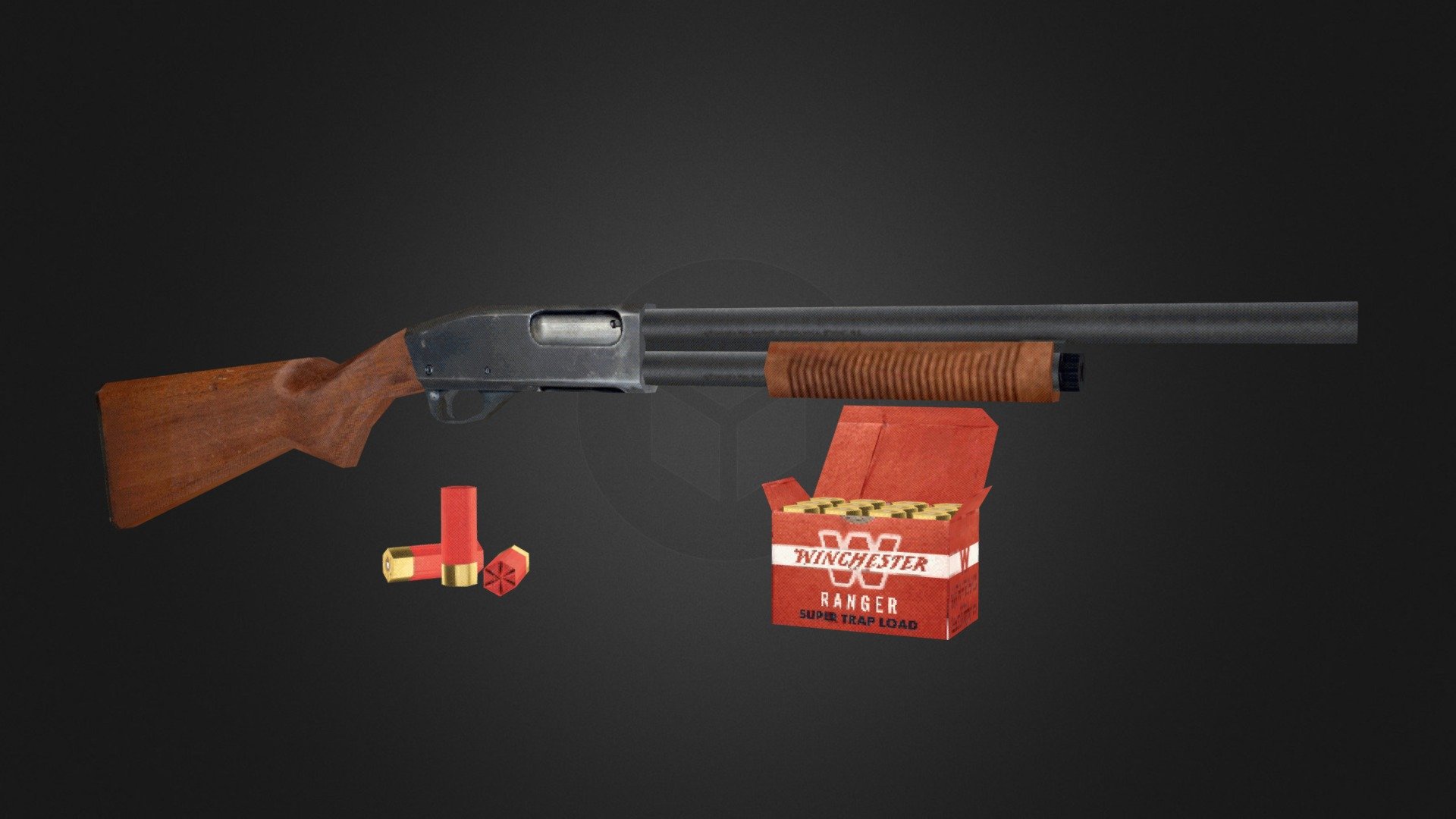A low poly PlayStation 1 graphics, inspired Remington Shotgun 870. This is a super low poly pump action shotgun, intended to have a stylised aesthetic 3d model