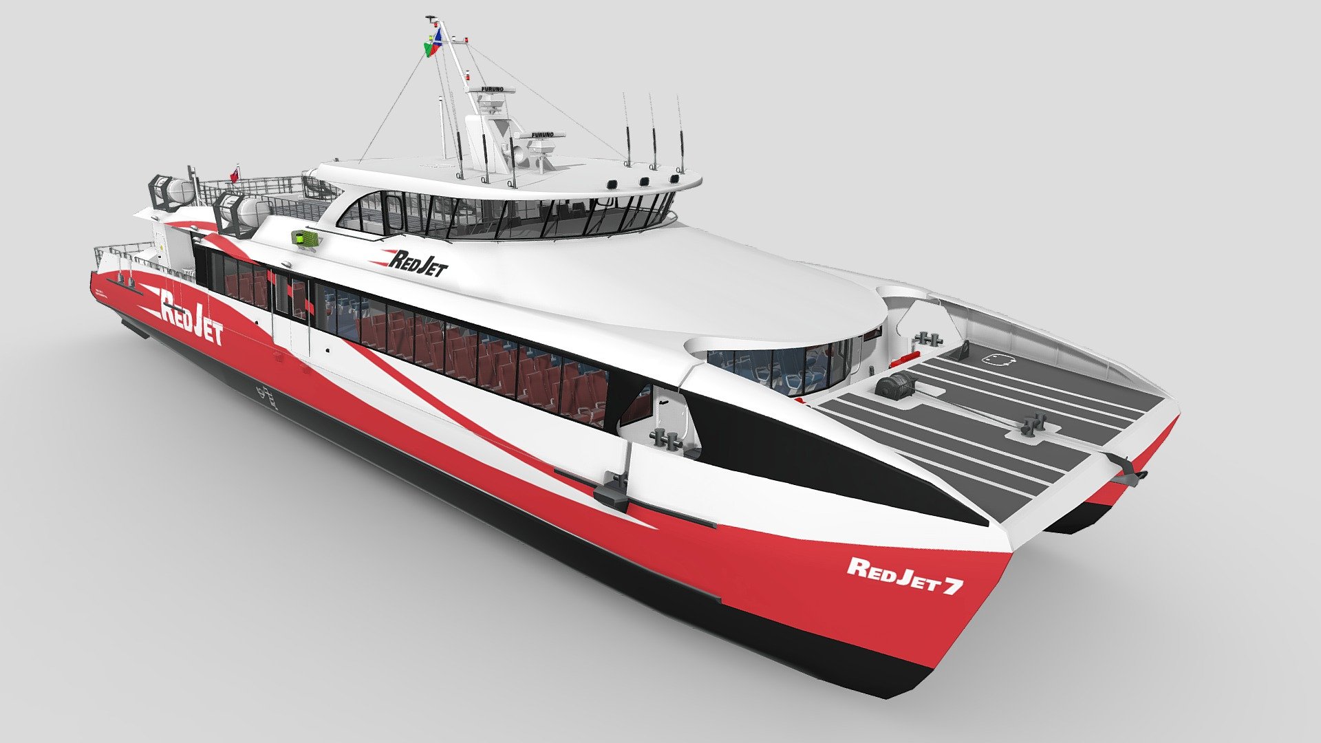 Red Jet 7 - high speed catamaran ferry .

Detailed MV Red Jet 7 is a British high speed catamaran ferry to be operated by the ferry company Red Funnel on its Southampton-Cowes route.
length of 41.12 metres (134.9 ft).
beam of 10.87 metres (35.7 ft).
draught of 1.30 metres (4 ft 3 in).
She carries up to 277 passengers with a crew of 3 or 4.
Powered by four MTU 2000 diesel engines driving four Hamilton HM751 water jets, giving her a speed of 38 knots (70 km/h; 44 mph).

Best Regards 3d model