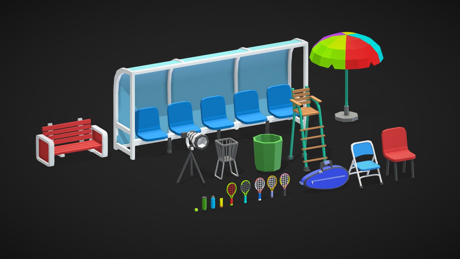 This Low Poly Tennis Props pack is fully optimized (Game Ready). 

Things included in this pack are as follows :

Models :

Sun Shade - 604 tris

Team Dugout - 758 tris

Players Bench - 408 tris

Refree Chair - 638 tris

Dust Bin - 128 tris

Tennis Ball Bucket - 400 tris

Camera - 504 tris

Simple Chair - 116 tris

Folding Chair - 576 tris

Tennis Kit Bag - 1244 tris

Tennis Racket - 320 tris

Sun Screen - 214 tris

Water Bottle - 600 tris

Tennis Balls Bottle - 144 tris

Tennis Ball - 256 tris

Textures : 

1 1024 X 1024 Textre - Low Poly Tennis Pack - Props - Buy Royalty Free 3D model by HamzaRiaz3D 3d model