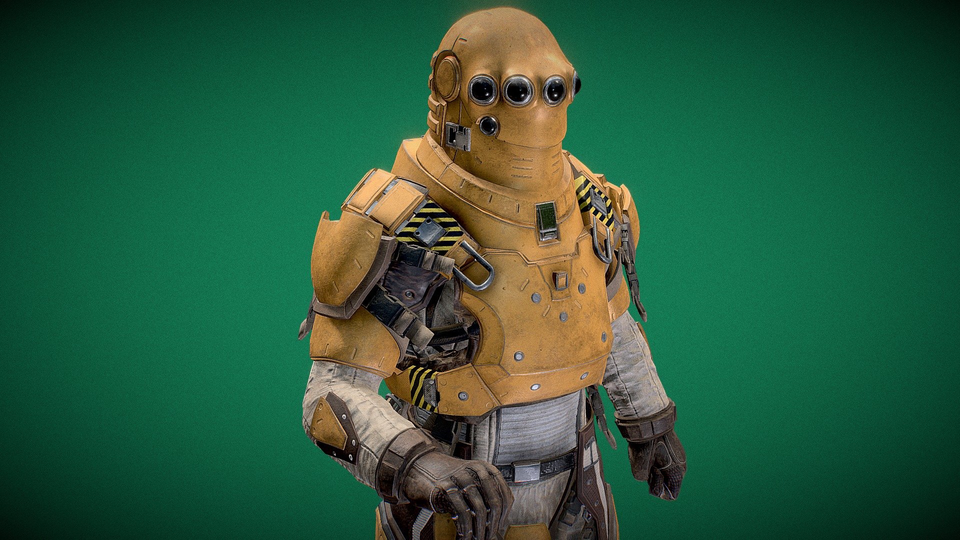 The project I've been working on based on concept art by the talented #arielperez.

I learned alot about the Production Pipline and different workflows while working on him. I also ran into a lot of thecnical issues (mainly baking, it's always baking lol) while making this guy, and I worked through most of the hardware issues by googling, banging my head against the wall, and a ton of patience. 

The model was mostly done in zbrush (high poly), retoplogized and uv unwrapped in maya(low poly), normals/Ao/Curve/Thickness maps baked in xnormal, textured in substance painter and finally rendered in marmoset toolbag. 

I still have more updates on this dude and im planning on working on his head so stay tuned 3d model