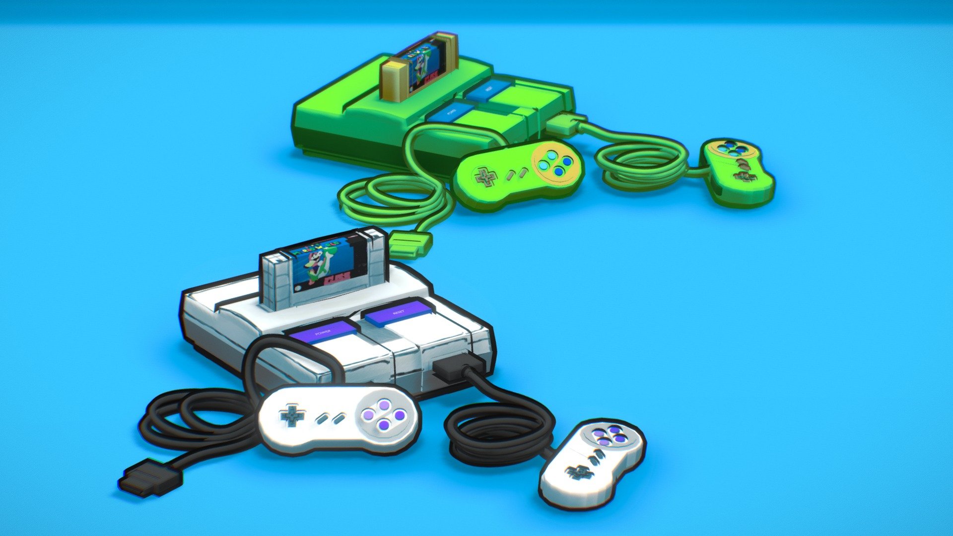 2 Cartoon models of a Super Nintendo + 2 controllers + Super Mario World Tape

Modelled in Blender

Follow me! https://www.instagram.com/magicwendric/ - SNES Retro Console - Cartoon - Buy Royalty Free 3D model by magicwendric 3d model