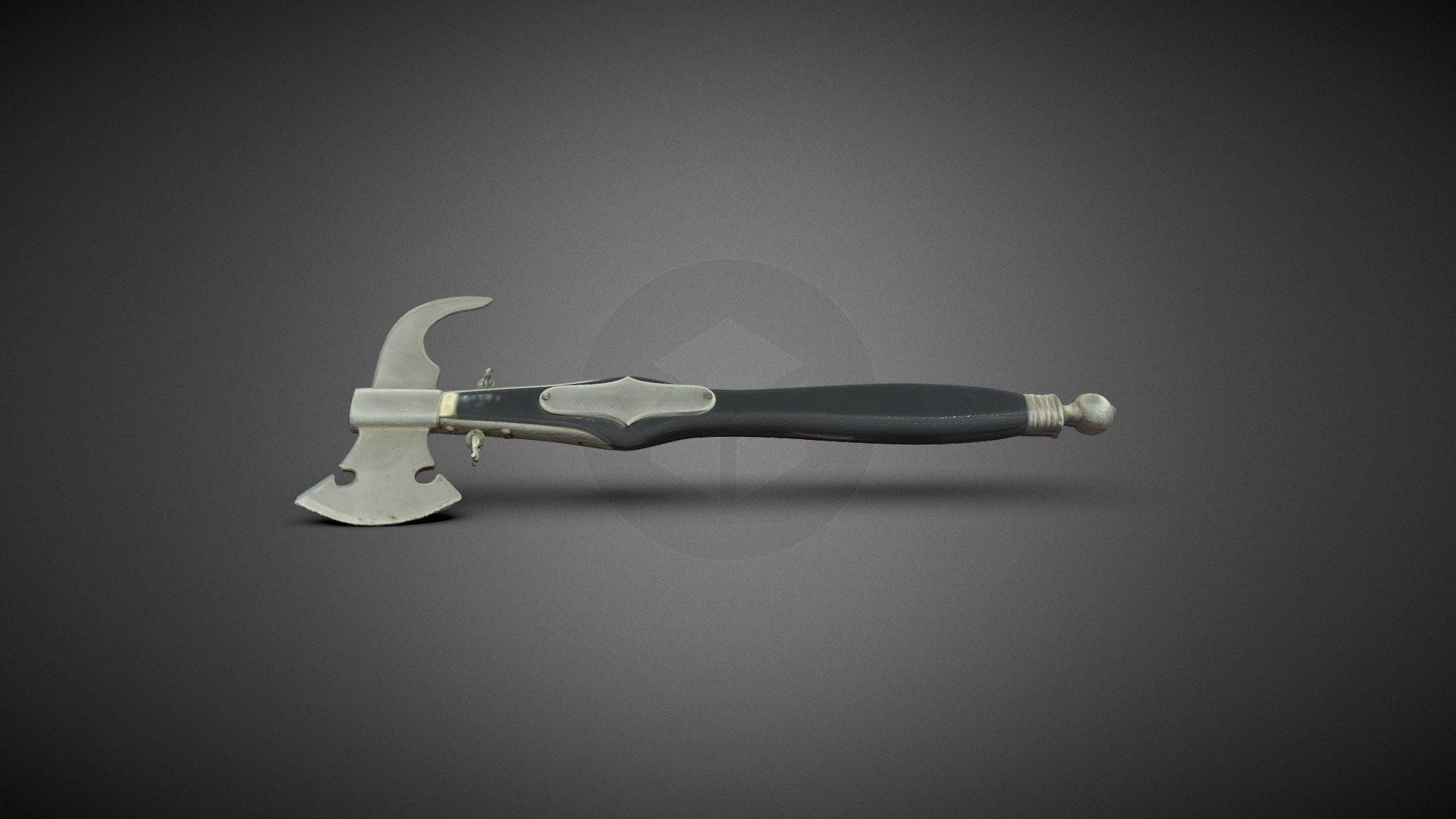 Hasičská sekyrka s dřevěným topůrkem, poniklovaná, připnuta koženými řemínky na kožený opasek, stav velmi dobrý. Délka 45 cm

A fireman axe with a wooden handle. The axe is encrusted with nickel and attached with little straps to a belt. In very good condition. The length of it is 45 cm 3d model