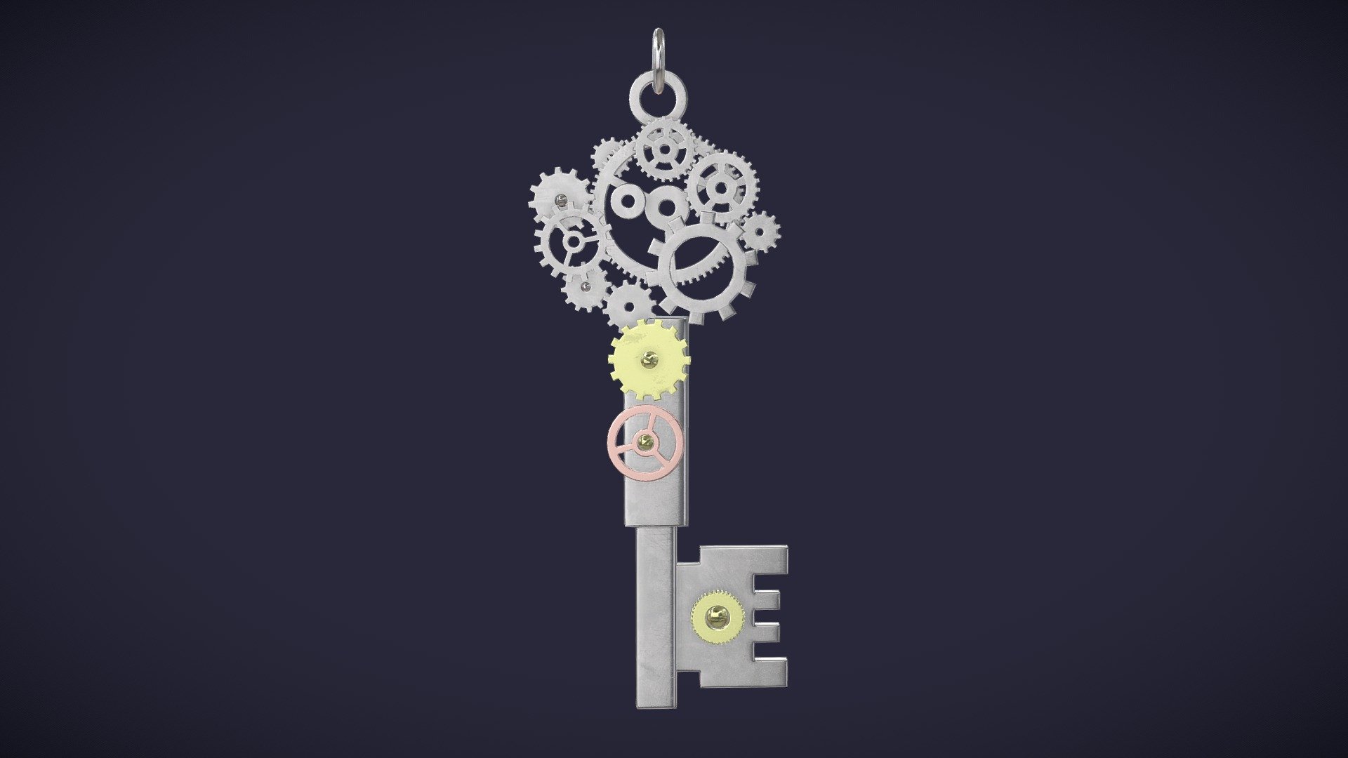 The pendant is in real-world scale (6.5 x 3 cm) and has clean, quad-based topology. The origin is placed in the top-most ring for an easy placement on a chain.

The smooth-shaded version (with Edge Split) has 12,680 tris / 6,350 faces / 13,607 verts.
The flat-shaded version has 12,680 tris / 6,350 faces / 6,499 verts.

The pendant has a single PBR material, which is made up of 2k textures (base color, metallic, normal and roughness).

In the main file, &lsquo;KeyPendant.blend', the pendant is joined into a single object, with smooth shading and modifiers applied. Most of the pendant has overlapping UVs (front-back).

There are 2 additional .blend files you can use:
- KeyPendant_flatShading - single object, flat shading, no edge spliting (lower vertex count)
- KeyPendant_adjustable - 2 collections (low and high poly) with separate pieces, modifiers are not applied

For your convenience, the pendant is also available in several exported formats:
- Collada
- Alembic
- FBX
- Stanford
- Wavefront
- Stl - Silver Key Pendant - Buy Royalty Free 3D model by Katerina Novakova (@KaterinaNovakova) 3d model