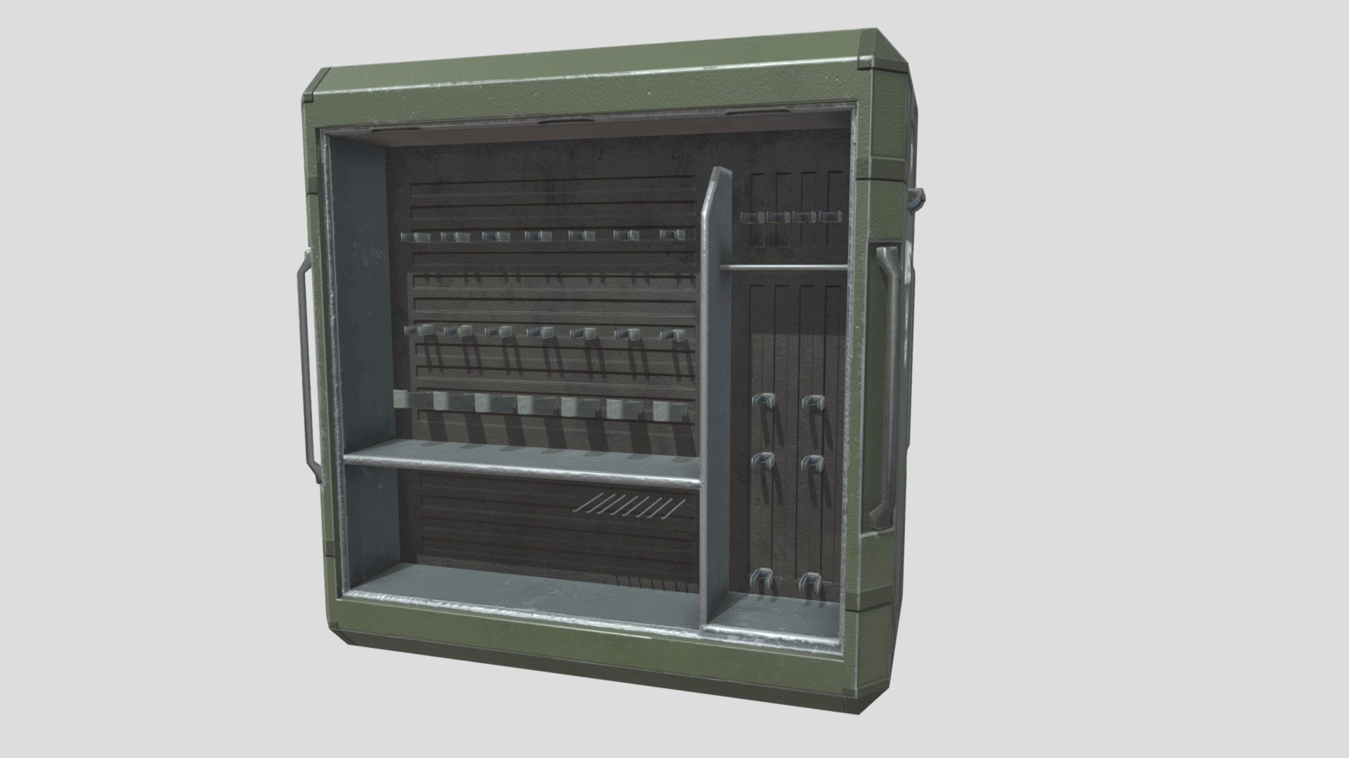 Model made for the Arma 3 Total modification Operation: Trebuchet : https://steamcommunity.com/sharedfiles/filedetails/?id=769440155

Based on a weapon crate from Halo: Reach : https://www.halopedia.org/JW_Armory_Storage_Cabinet

The weapon crates are a HP to LP baked workflow using ID maps for texturing, and made in the metal rough texturing workflow 3d model