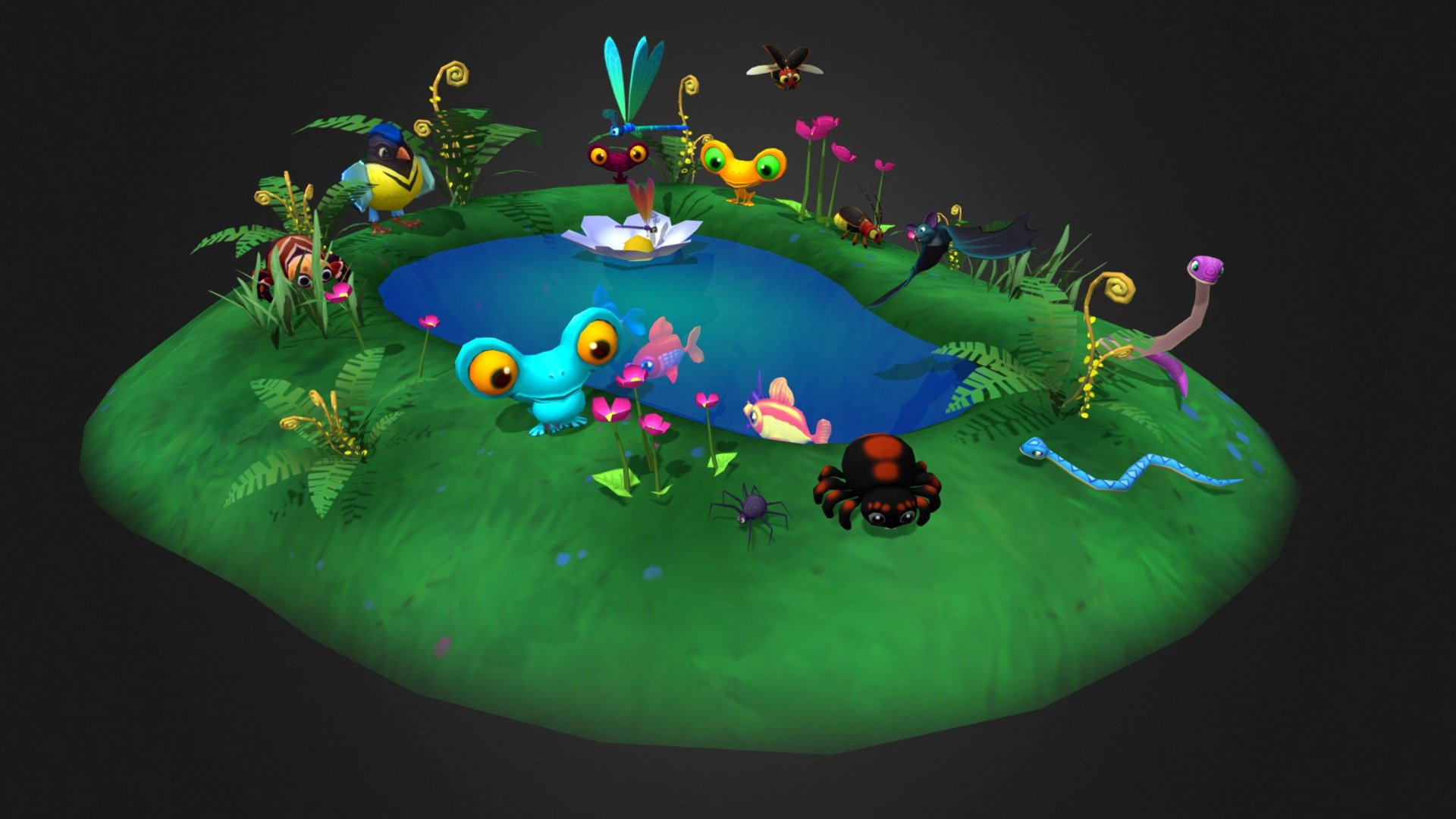 Spiders
Animations
Spider 1 (4 textures)
• idle 1 • idle 2 • idle sitting • run • turn 360

Spider cave (1 texture)
• Idle • idle break • run

Spider hang (1 texture)
• idle • goes up • goes down


Dragonflies
Animations
• Dragonfly Fly • Dragonfly Fly Idle • Dragonfly idle


Frogs
Animations
• frog chewing • frog eat • frog idle 1 • frog idle 2 • frog jump long • frog jump short • frog jump short no offset


Fish
Animations
• Fish swimming fast • Fish swimming idle • Fish swimming slow


Bats
Animations
• Bat fly • Bat idle 1 • Bat idle 2 • Bat idle 3


Birds
Animations
• Bird fly active • Bird fly active passive • Bird idle • Bird idle eating • Bird landing • Bird walk


Snakes
Animations
• Snake idle • Snake idle ground • Snake run


Fireflies
Animations
• Firefly fly • Firefly idle • Firefly idle break • Firefly run - Cartoon animals pack - Buy Royalty Free 3D model by TheGameAssets 3d model