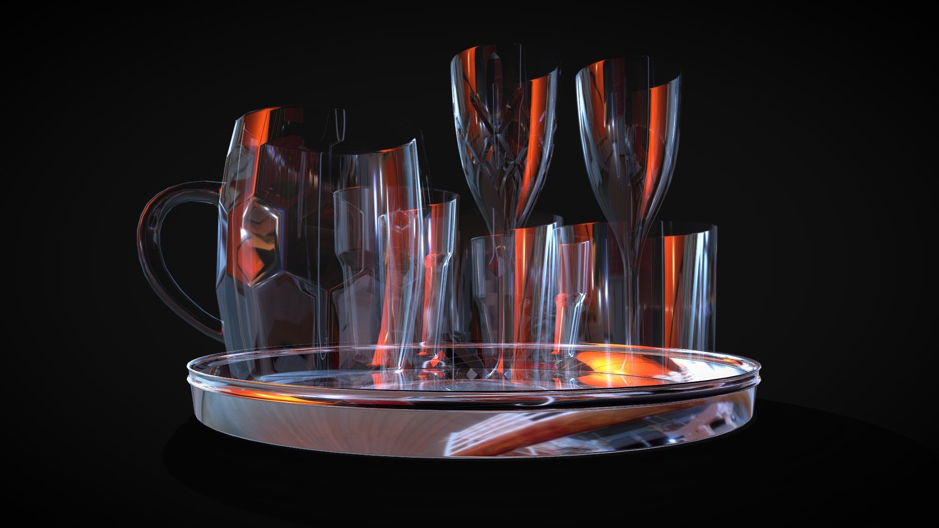A set of 7 3D modelled glasses and tray.

Plain wine glass x 1

Cut wine glass x 1

Beer glass x 1

Whisky glass plain x 1

Whisky glass cut x 1

Tumbler short x 1

Tumbler tall x 1 - Glass Pack - Buy Royalty Free 3D model by Pledg 3d model