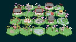 Low Poly Asian Style Set japan, exterior, buildings, chinatown, china, asian, bamboo, map, nature, kimono, modular-construction, tileset, tilemap, art, lowpoly, city, dragon, interior, modular, village, environment, temple
