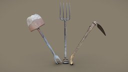 Old Farming Pack tools, farm, farming, shovel, toolset, hoe, pitchfork, hoes, shovels, farming-tool, farming-equipment, photogrammetry, 3dscan, farming-hoe, digging-fork, potato-fork