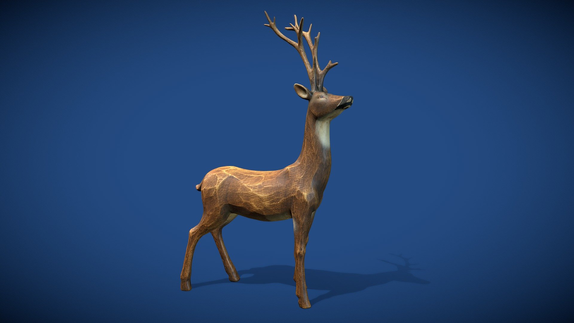 This is a photoscan of an old wooden deer (stag) I purchased years ago. I created the model from around 75 photos and used Reality Capture to generate the mesh and textures.

I used the smoothing brush (from the sculpting tools) in Blender to clean up some bumpy topology and the ‘mask select’ tool and the ‘Mask slice and fill holes’ option to remove part of the wooden table that was also captured and to close the gaps left at the bottom of the deer's hooves.

Then I used the excellent addon called Quad Remesher to reduce the poly count. Initially it was about 6 million faces, but got this down to about 185,000 but could go lower if it were required. I UV unwrapped and imported the mesh back into Reality Capture to project the textures from the initial mesh to the new edited mesh. I finished off by making some tweaks in Substance painter and filled in some missing texture gaps.

Blender Cycles Render:
 - Deer - Carved Wood Statue - Download Free 3D model by cjmitchell 3d model