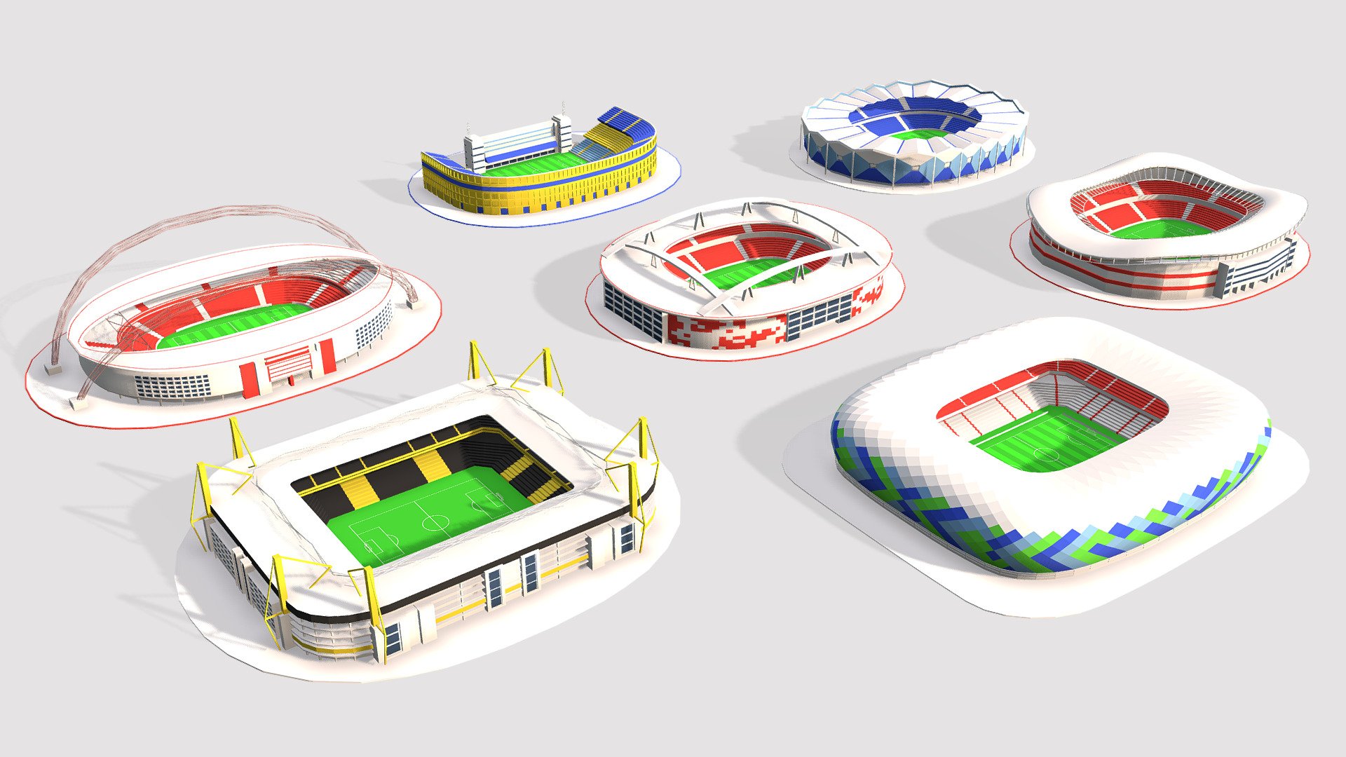 football stadium pack
-Signal Iduna Park
-Allianz Arena
-La Bombonera
-Spartak
-others - Football Stadium Pack 3D - Buy Royalty Free 3D model by Shin Xiba 3D (@Xiba3D) 3d model