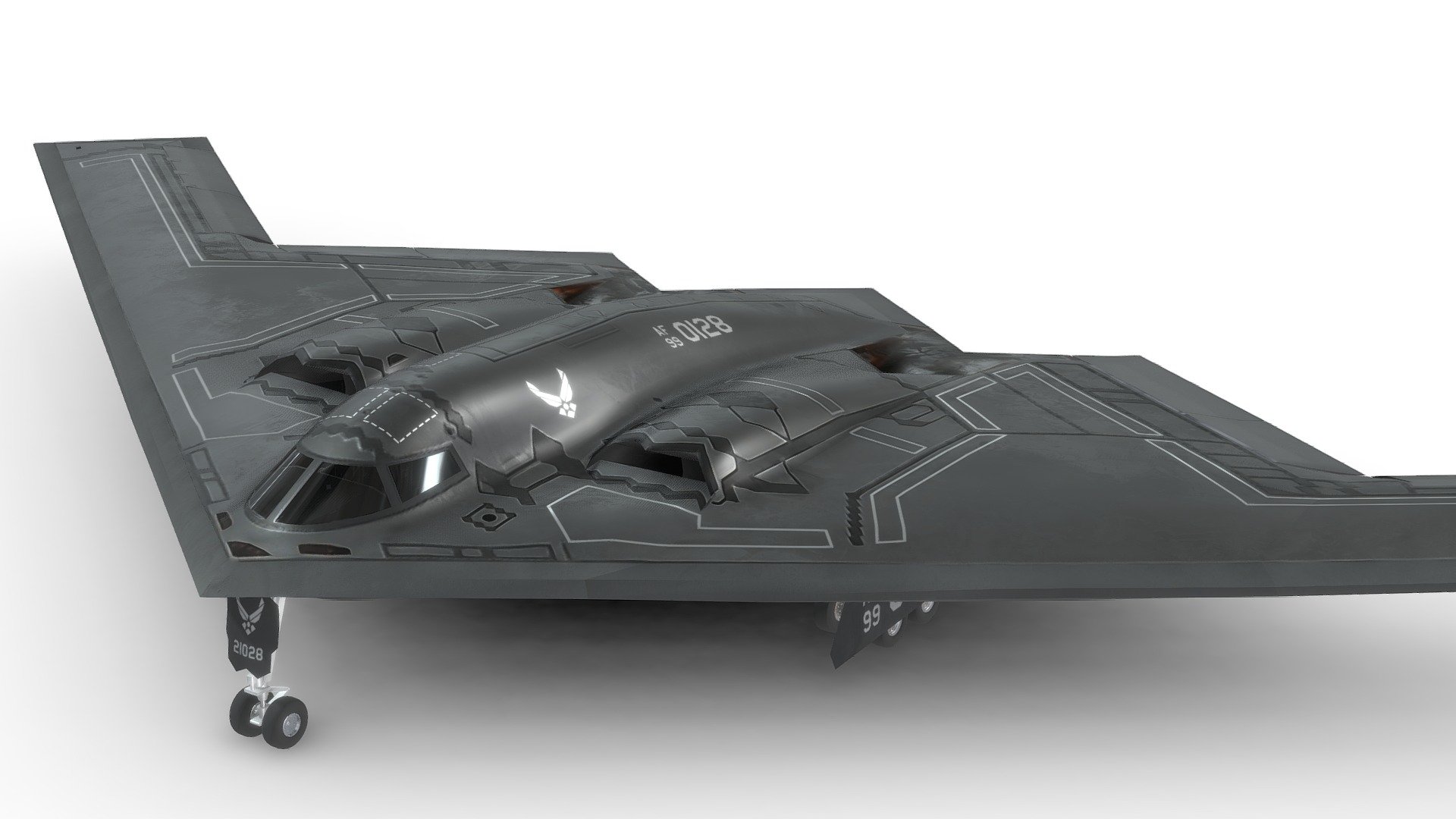The Northrop Grumman B-2 Spirit, also known as the Stealth Bomber, is an American heavy strategic bomber, featuring low-observable stealth technology designed to penetrate dense anti-aircraft defenses. A subsonic flying wing with a crew of two, the plane was designed by Northrop (later Northrop Grumman) and produced from 1987 to 2000.
The B-2 is the only acknowledged in-service aircraft that can carry large air-to-surface standoff weapons in a stealth configuration.

As of 2015, twenty B-2s were in service with the United States Air Force, one having been destroyed in a 2008 crash. The Air Force plans to operate them until 2032, when the Northrop Grumman B-21 Raider is to replace them 3d model