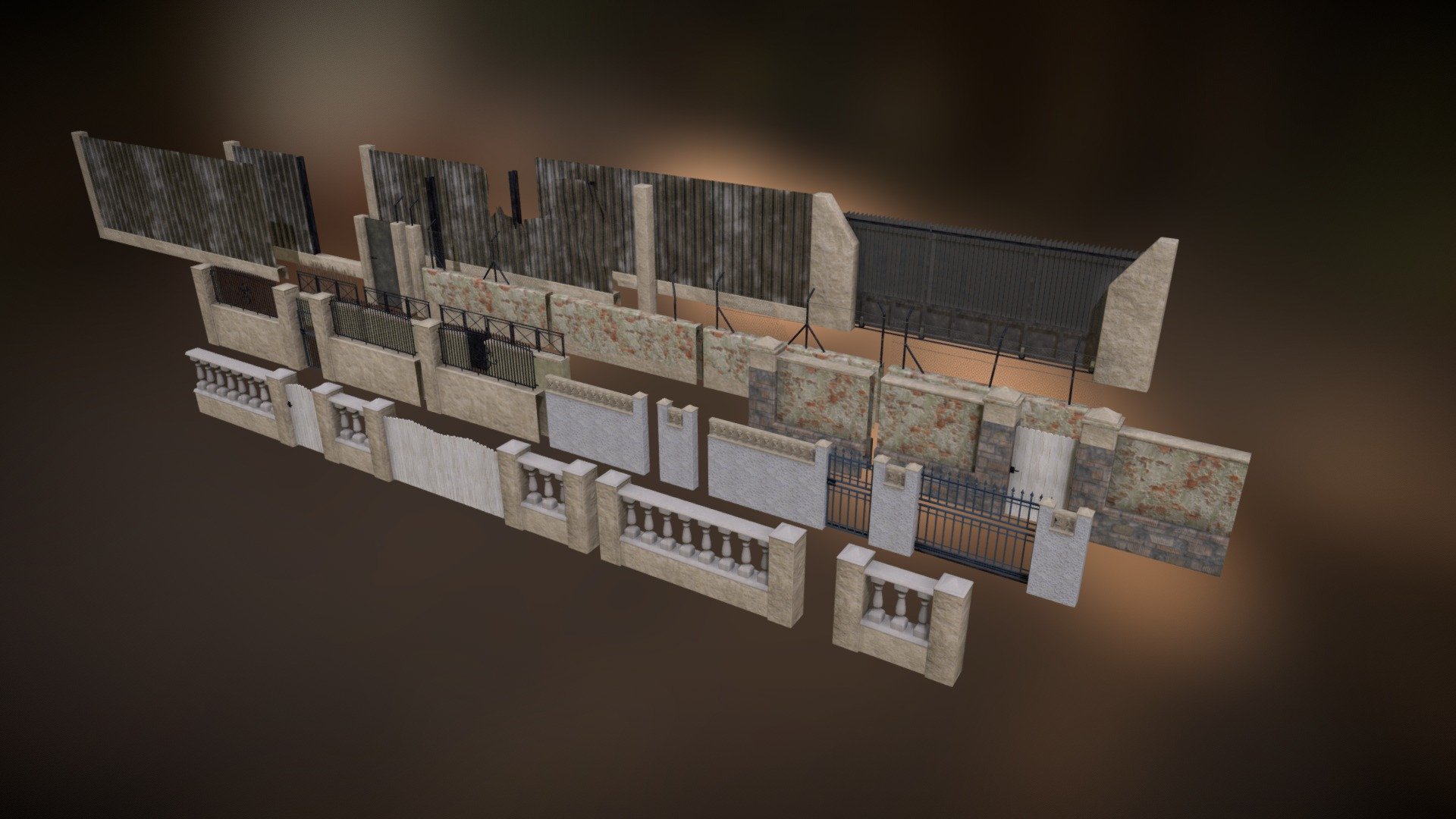Just small pack of low poly Walls and fences, nothing fancy, mostly used in background scenes or in simple house desing preview.
Its mostly based on what I had near my house, its semi-mediterranean style for houses + two bigger more industrial styled walls/fences.

Made in Blender 3d model