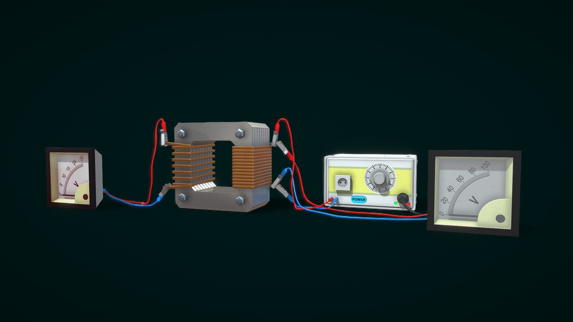 A transformer is an electrical device that transfers electrical energy between circuits using electromagnetic induction. It can increase or decrease voltages and currents in power applications. A varying current in the primary winding creates a changing magnetic field, inducing voltage in the secondary winding. The windings are wrapped around a core with high magnetic permeability. In our model, the secondary coil has fewer turns than the primary coil, resulting in a step-down transformer for voltage. This increases the secondary current. If the ratio of primary to secondary coils is high enough, the current can be so large that it melts and welds the ends of the nails together 3d model