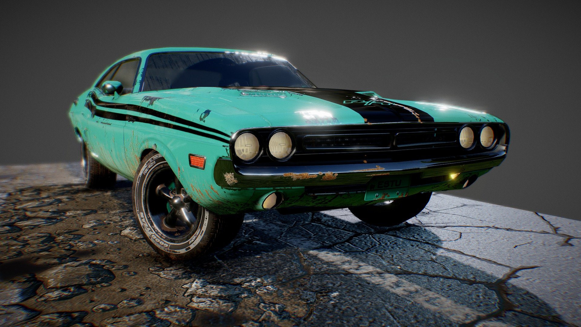 (click the image above to show a bit of the story behind it :) )

this is the dry version of the previous model, this one : https://skfb.ly/PPPG just the same model including engine block. 
the exterior, interior and engine block use one/same texture 2048x2048. (the normal map is just for the wear and water drop effect only)
tire, rim and ground use separated textures, each 1024x1024.
created in 3ds max and subtance painter 3d model