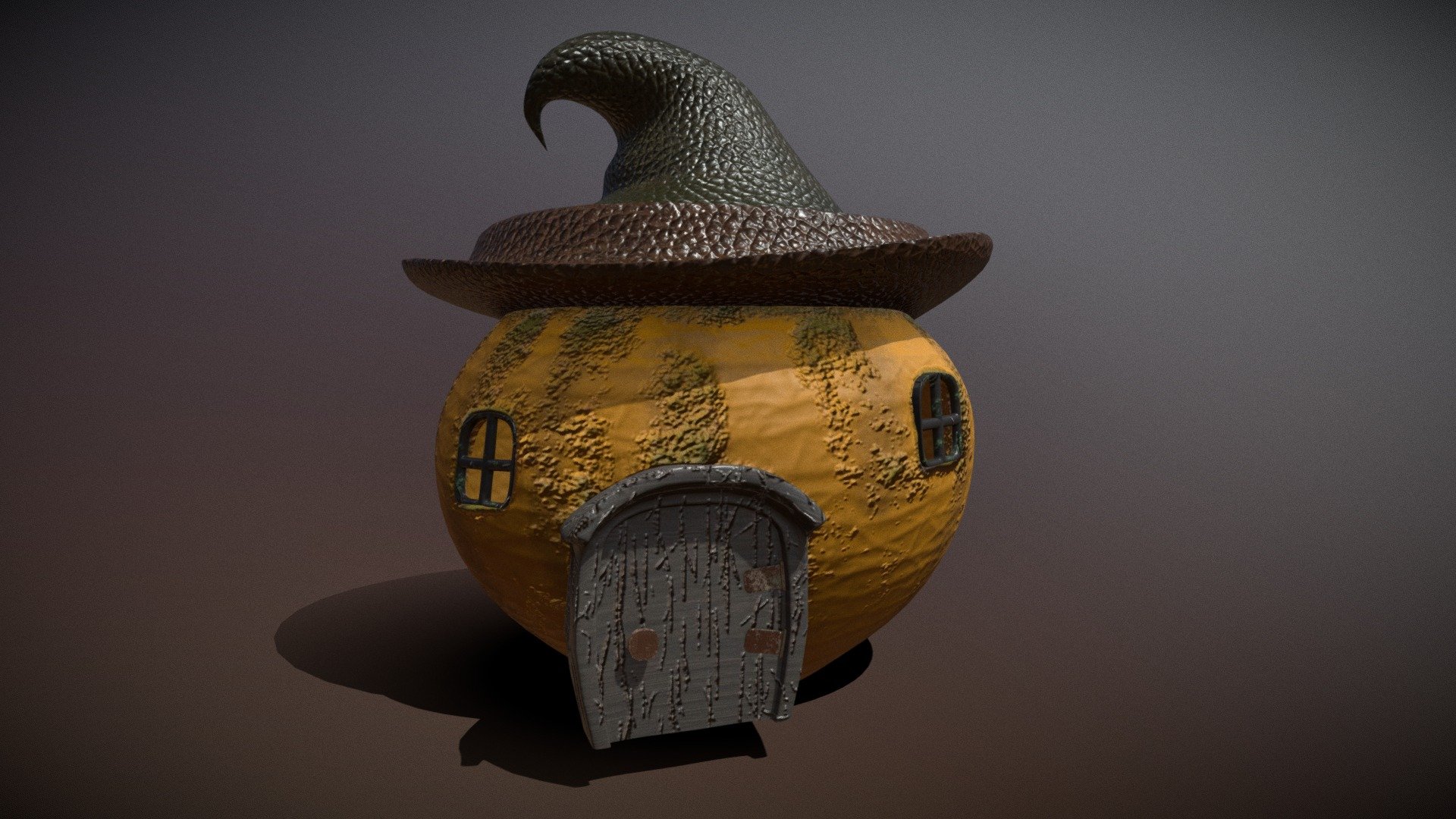 Casa de calabaza con un sombrero de bruja como techo. Tiene ventanas con moho y una puerta de madera llena de marcas de garras hechas por bestias salvajes del bosque 3d model
