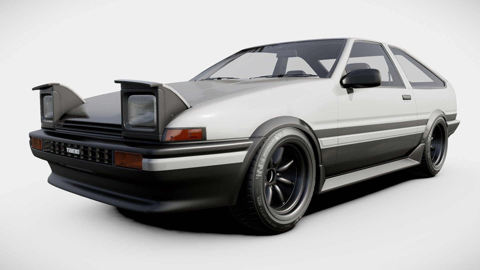 The AE86 series of the Toyota Corolla Levin and Toyota Sprinter Trueno are small, front-engine/rear-wheel-drive models within the front-engine/front-wheel-drive fifth generation Corolla (E80) range — marketed by Toyota from 1983 to 1987 in coupé and liftback configurations. Widely popular for Showroom Stock, Group A, and Group N, Rally and Club racing, the cars’ inherent qualities also earned the AE86 an early and enduring international prominence in the motorsport discipline of drifting. The AE86 was featured centrally in the popular, long-running Japanese manga and anime series titled Initial D (1995–2013) — as the main character’s drift and tofu delivery car. In 2015, Road &amp; Track called the AE86 “a cult icon, inextricably interwoven with the earliest days of drifting.

The model includes interior, but I would recommend not to try and open doors because they are not modeled completely 3d model