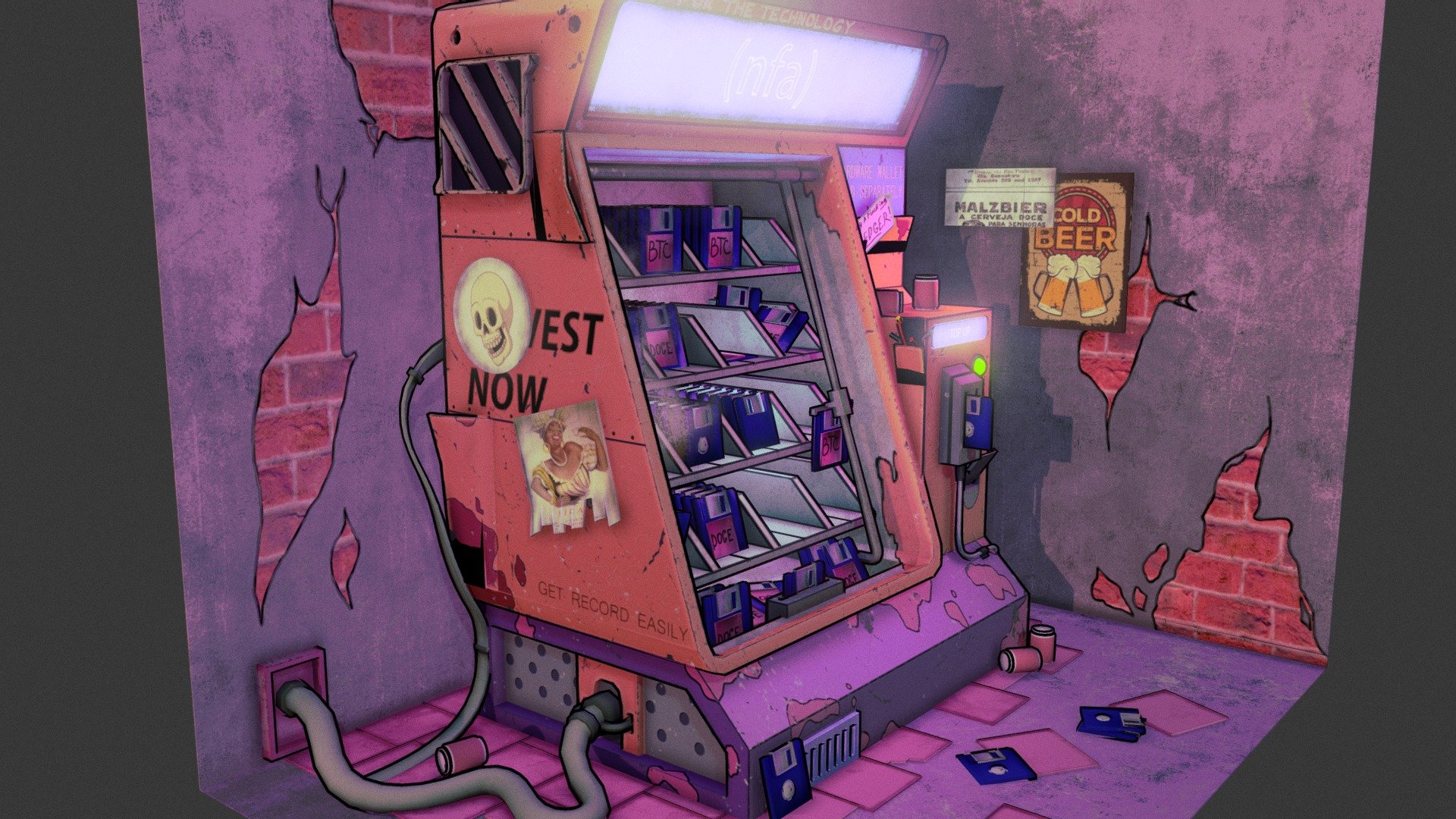 In the heart of NewTech City, a futuristic metropolis powered by innovation and automation, there stood an abandoned vending machine. This aging relic of the past was nestled in a dimly lit alleyway, long forgotten by the bustling citizens who had embraced the latest advancements in convenience and technology.
One quiet evening, a curious young boy named Max, driven by a sense of adventure and nostalgia, stumbled upon the forsaken vending machine while exploring the city's hidden corners. With a pocketful of ancient coins he had found in his grandfather's attic, Max decided to give the old machine one last try.
As he inserted a coin and pressed a button, the ancient gears inside the vending machine came to life with a low hum. To Max's amazement, a small, dusty package tumbled out. He eagerly unwrapped it to find an ald diskette 3d model