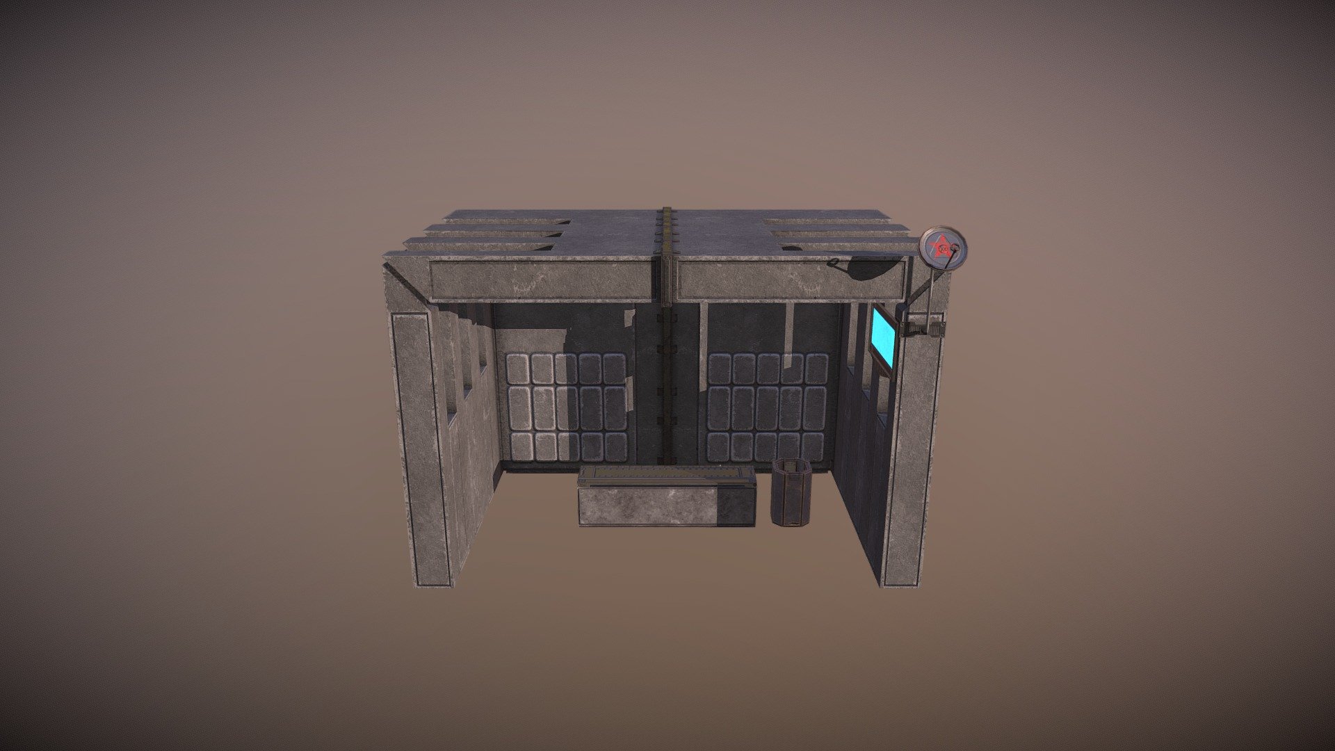 3D Model of a bus stop in a brutal futuristic Soviet style !!!

A low poly 3D model with 2K textures was created for use in game engines.

Included are four models:
1: Bus stop!
2: Monitor!
3 Bench!
4: Trashcan!

The archive &lsquo;Textures' Two types of textures PBR, and for the game engine UE4!

The number of vertices and planes in the Blender file for each object:

Bus Stop:
Verts: 881
Edges: 1690
Faces: 797

Monitor:
Verts: 526
Edges: 978
Faces: 461

Bench:
Verts: 60
Edges: 122
Faces: 58

Trashcan:
Verts: 440
Edges: 774
Faces: 348 - Futuristic big soviet bus stop - 3D model by BartalamBane (@shishko.vitalii25) 3d model