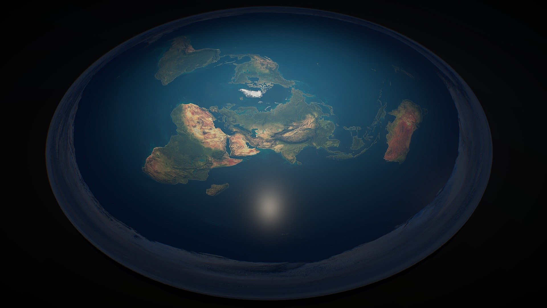 A 3d map of the Earth as a flat disc shape, based on the pseudoscientific Flat Earth model 3d model