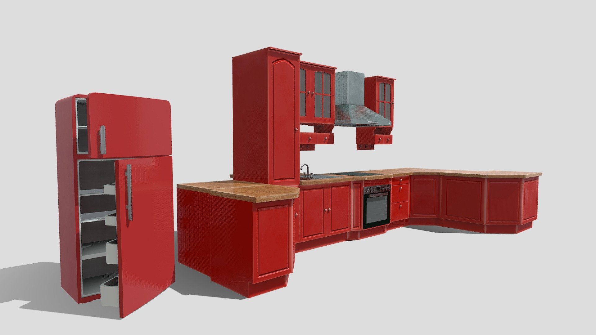 This is a full wooden kitchen including:




a red fridge with handles

several different red counters (including corner pieces)

a brown, wooden counter top

an oven with knobs

a stove with painted elements

an air-outlet-hood

several hanging cupboards with glass elements

You can find more fitting models on our account, items in bundles are reduced by up to 70%! - Red Toon Kitchen - Buy Royalty Free 3D model by OfficialBytes 3d model