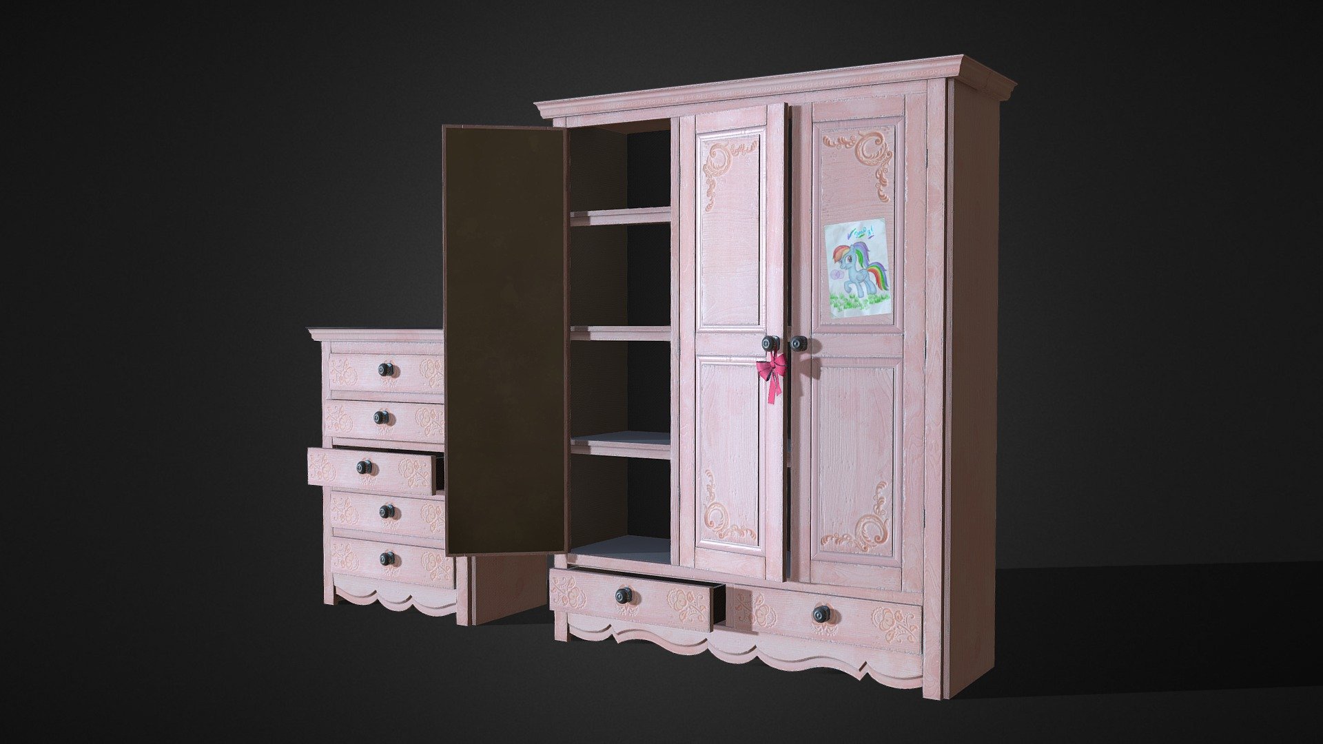 Two texture sets - for the nightstand and wardrobe, another one for a mirror bow-knot and paper.
PNG texture: (albedo, alpha, ao, metallic, roughness, normal)

Wardrobe_Main - 4096 px, Wardrobe_attach - 1024 px

If you have anything to ask, please contact me via artstation pm - https://www.artstation.com/dmitrysiberia - Soft pink wardrobe (Game Ready) - Buy Royalty Free 3D model by Dmitriy Mitroshin (@LtxxwSibeRia) 3d model