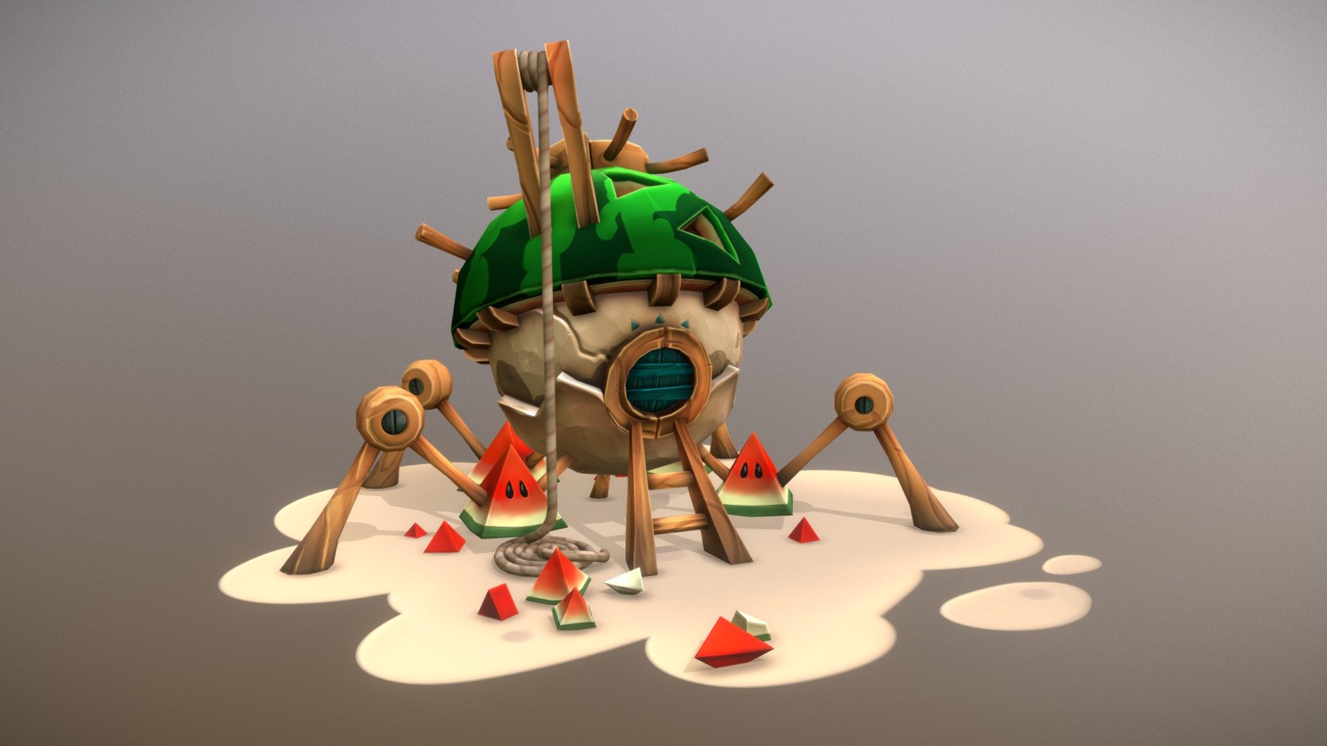This is one of the fruit houses Charléne Le Scanff made the concept of (you can find her on Artstation). 

Diffuse and normal map only 3d model