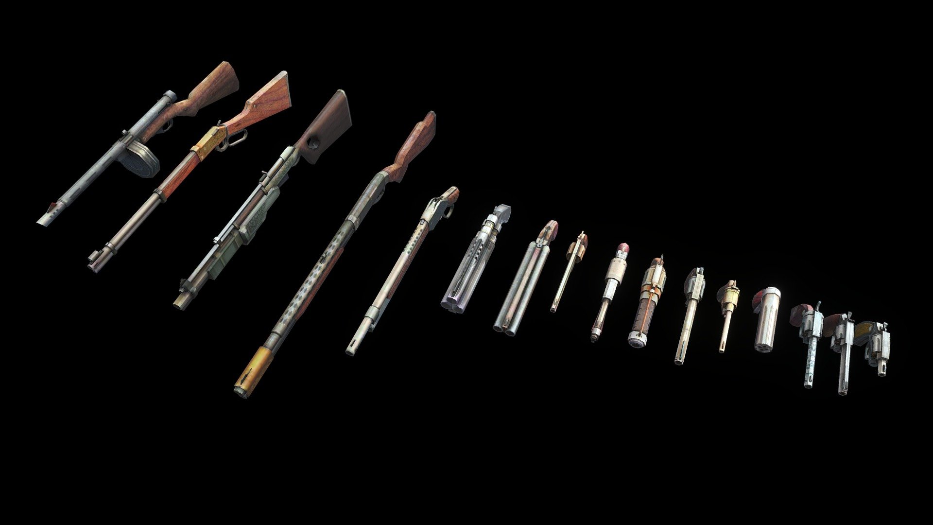 This package contains four hand-painted guns

This package contains 3D models of sixteen old western stylt guns, all optmized for mobile devices. The pack includes four hand guns and two rifles. It is a great starter pack for your FPS project.

Western Weapons - are weapons of high quality for first-person shooters. All assets have active details detached and pivots set to them for more convenient editing.

16 items GUNS FPS Supported - West Gun Pack Weapons - 3D model by emraanalis 3d model