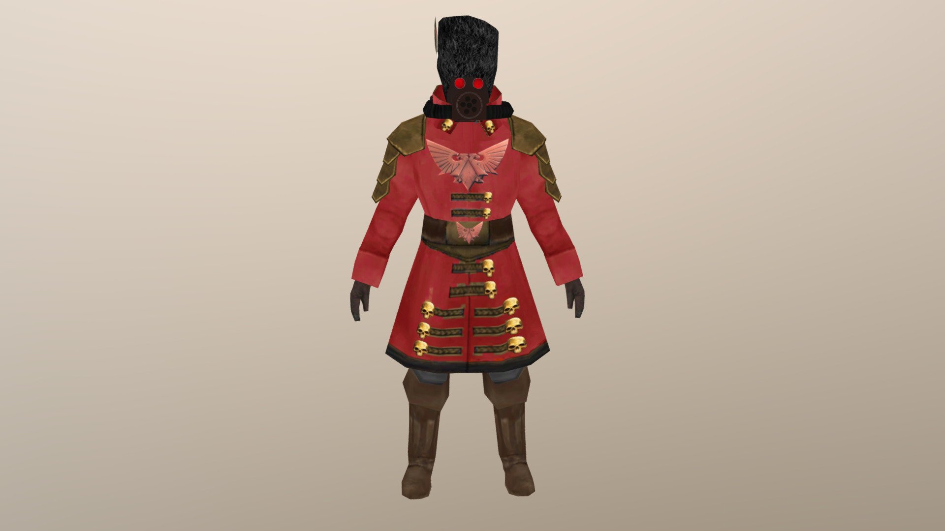 Modified version of the vostroyan firstborn from the Dawn of war 2 elite mod.

Sources:
* Hat texture: http://www.photos-public-domain.com/2011/10/28/black-cat-fur-texture/
* Gas mask center/tube: https://sketchfab.com/3d-models/gas-mask-e619f1b648bd49729c6a3952350d834b
* Aquila image: http://www.bolterandchainsword.com/topic/321716-the-aquila-during-and-pre-heresy/
* Gold skull image: https://warhammer40k.fandom.com/wiki/Astra_Militarum_Awards_and_Honours?file=Various_Imperial_Awards.png
* Vostroyan base: https://www.dawnofwar.info/
* Feather: https://sketchfab.com/3d-models/quill-67771bc3f8024e6faea9af9f6f7d6bfb?ref=related - Vostroyan Firstborn - Warhammer 40k - Download Free 3D model by 09williamsad (@adamw1806) 3d model
