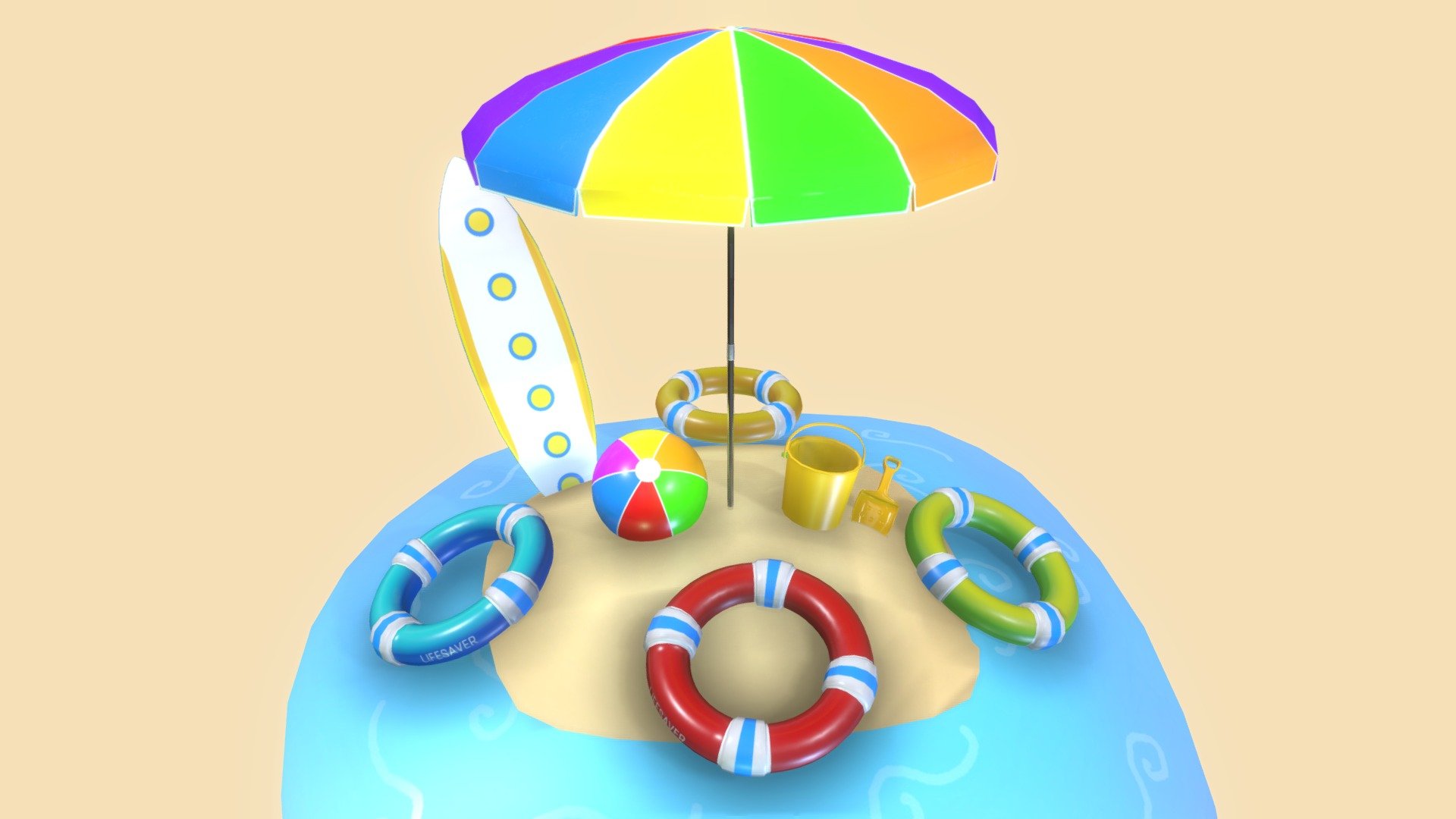 Includes:




FBX + .BLEND files [Scene Showcase with all you see in the viewer]

FBX + .BLEND files [Individual exports at origin 0,0,0] - Pivots were placed in OK or usable location.

Scale: it is relative to the Unreal 4 manequinn size

Some variations for some props for colors/textures

UV Unwrapped

Naming Conventions: SM_ / M_ / T_

Textures 2K PNG: PBR [Basecolor, Metallic, Occlusion, Normal and Roughness]

Textures UNREAL 2K PNG: [BC, N, ORM]

Poly Count: 

Showcase Scene [same as viewer]: 33,322 tris

All Props Range: 128  - 1536 tris

Download additional file to access PBR Textures, Individual Model Exports and Unreal Packed Textures

I am including the Unreal GamePack for 4.26.2 Uasset Folder as an extra/bonus, Sold/Included as is. Includes very basic master material and material instances to change color, desaturate color or change stuff like roughness, scene with props included, day and another. Mostly automatic LODs, lightmaps and collisions. Some stuff tweaked a little bit.
 - Beach Props Pack JFG V2 - Buy Royalty Free 3D model by Jesus Fernandez Garcia (@jamyzgenius) 3d model